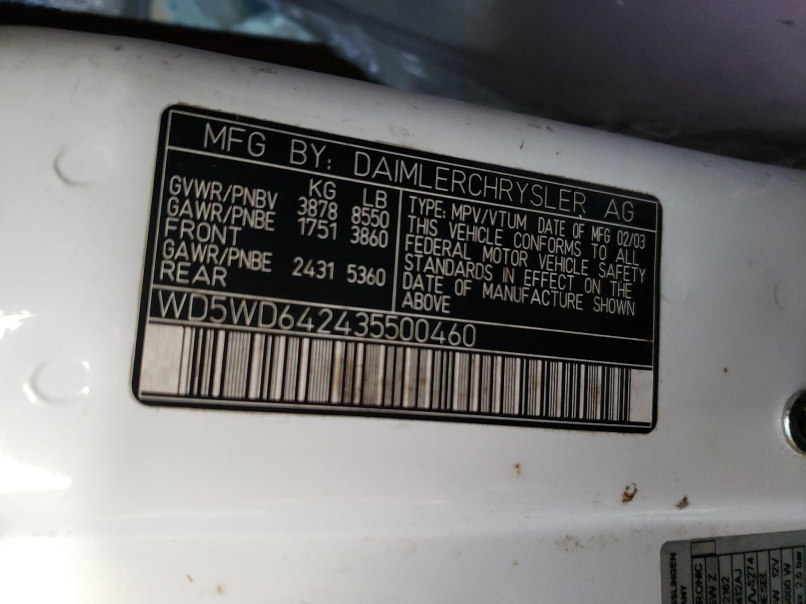 Photo 10 from auction – 2003 SPRINTER 2500 SPRIN with VIN WD5WD642435500460
