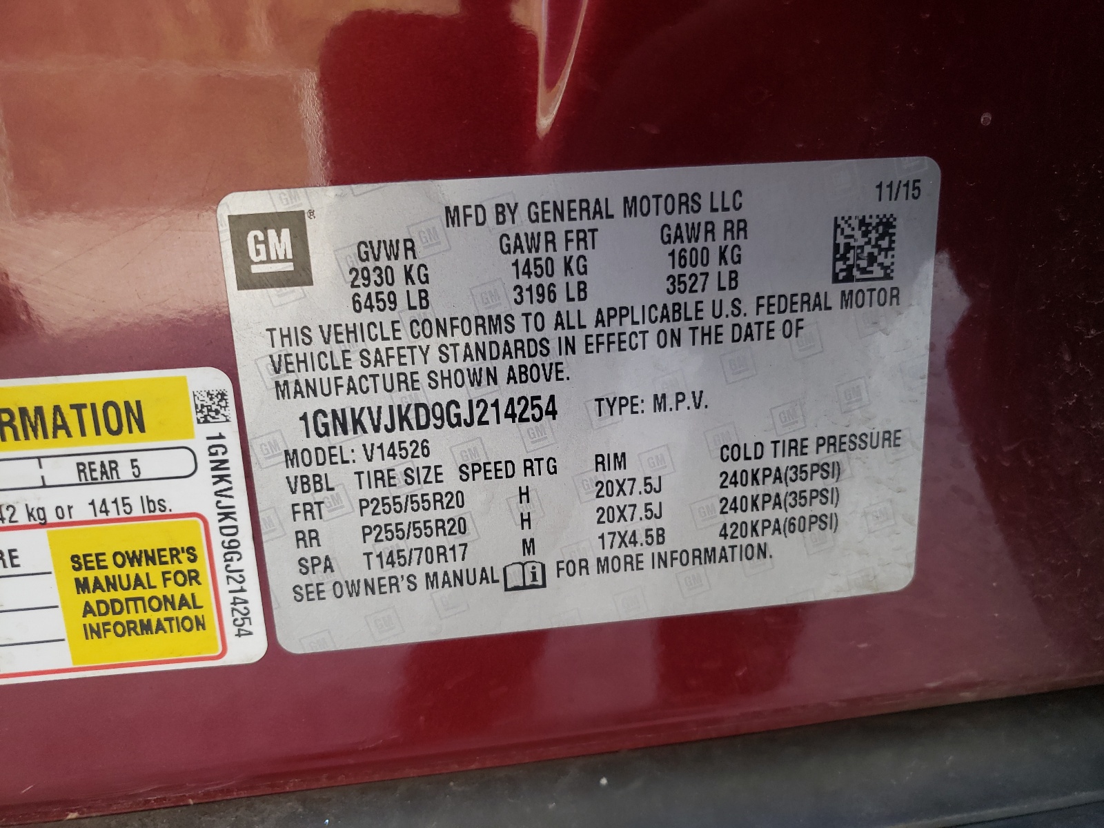 Photo 10 from auction – 2016 CHEVROLET TRAVERSE L with VIN 1GNKVJKD9GJ214254