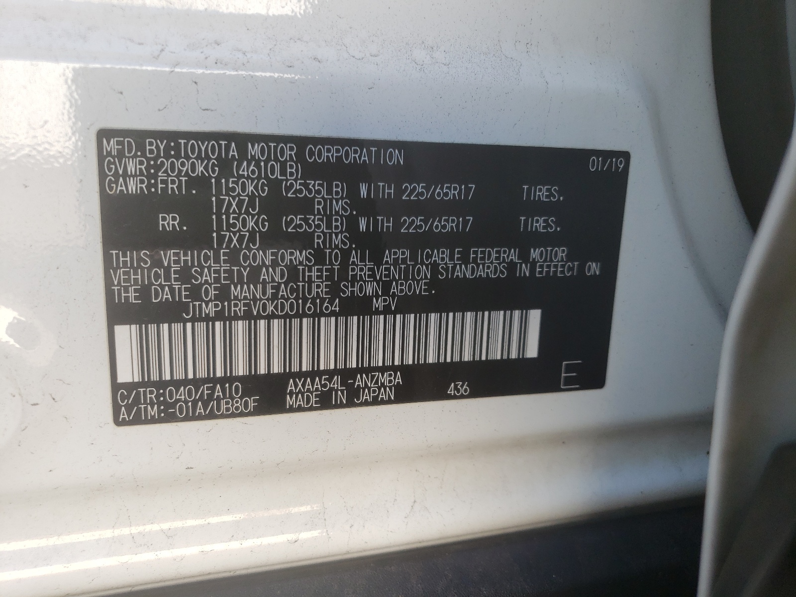 Zdjęcie 10 z aukcji – 2019 TOYOTA RAV4 XLE z VIN JTMP1RFV0KD016164