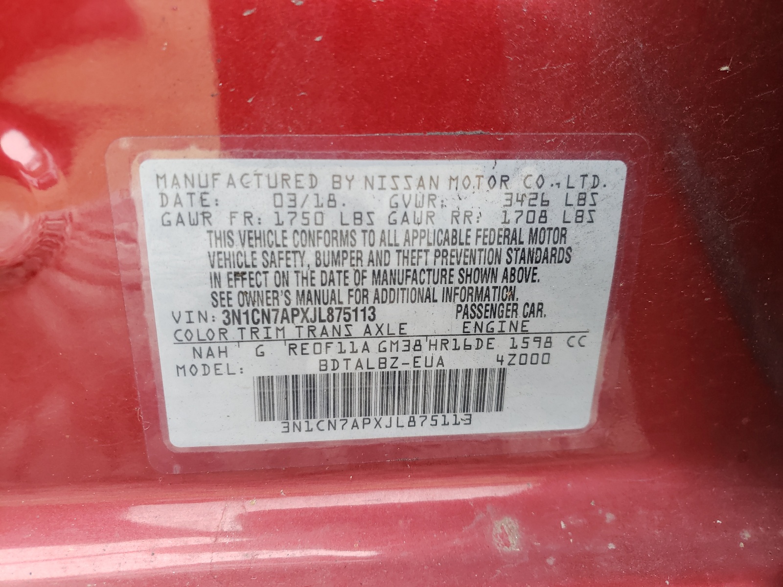 Photo 10 from auction – 2018 NISSAN VERSA S with VIN 3N1CN7APXJL875113
