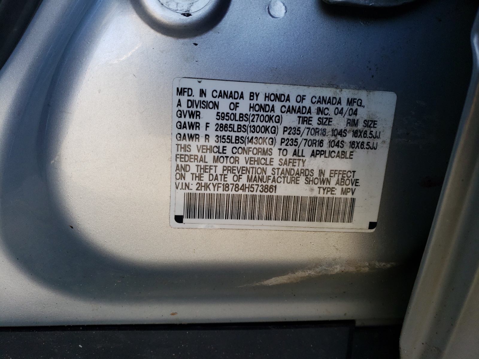 Photo 10 from auction – 2004 HONDA PILOT EXL with VIN 2HKYF18784H573861
