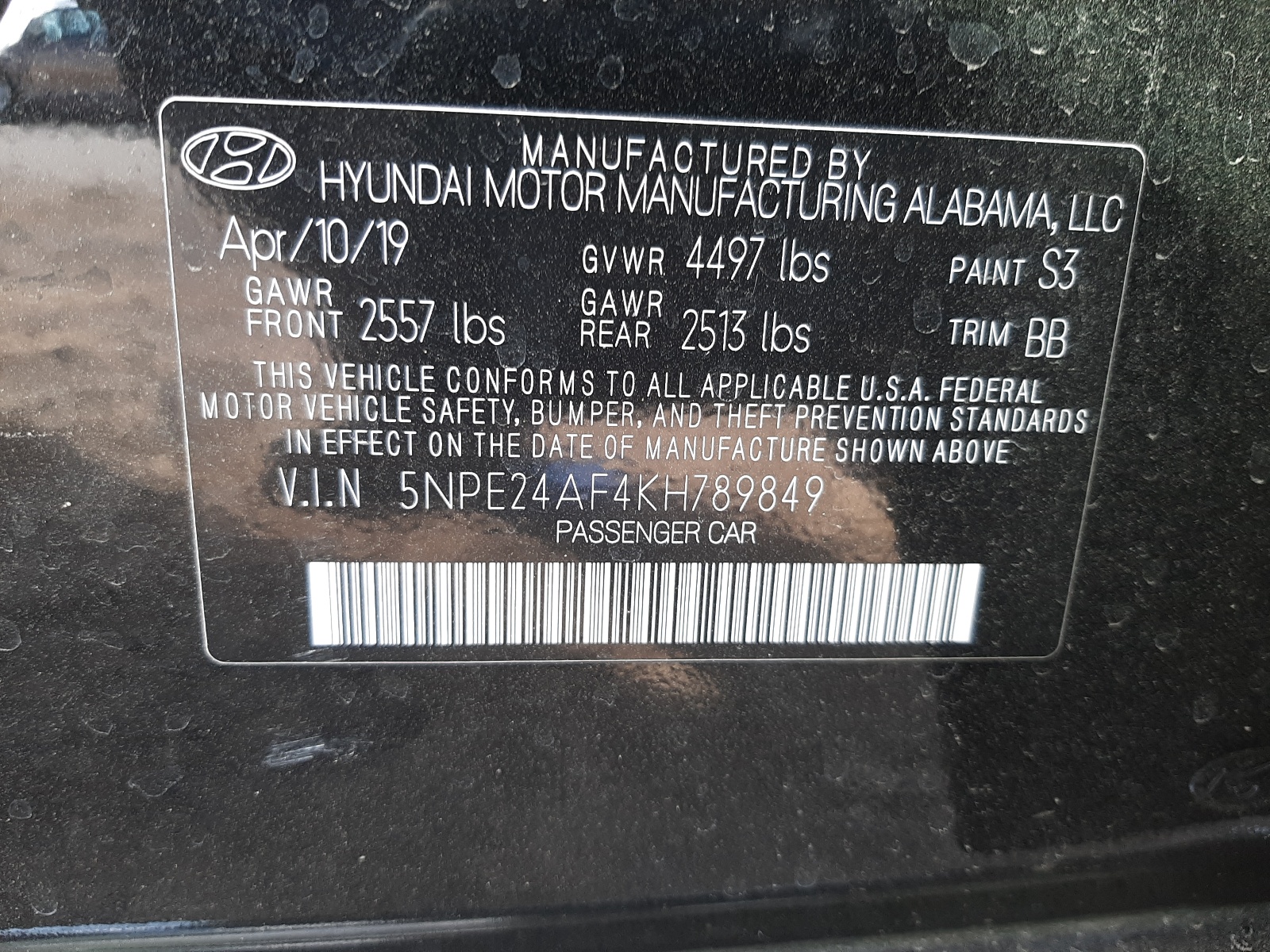 Photo 10 from auction – 2019 HYUNDAI SONATA SE with VIN 5NPE24AF4KH789849