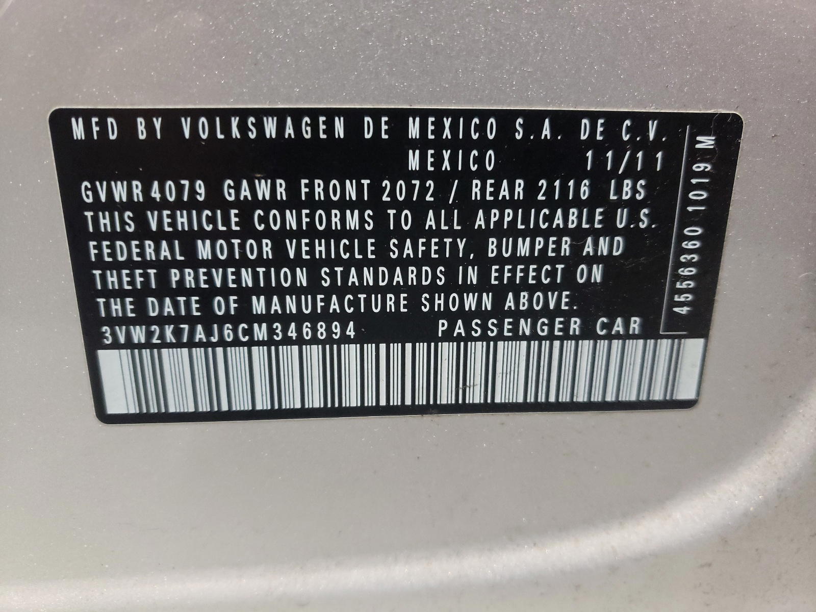 Photo 10 from auction – 2012 VOLKSWAGEN JETTA BASE with VIN 3VW2K7AJ6CM346894