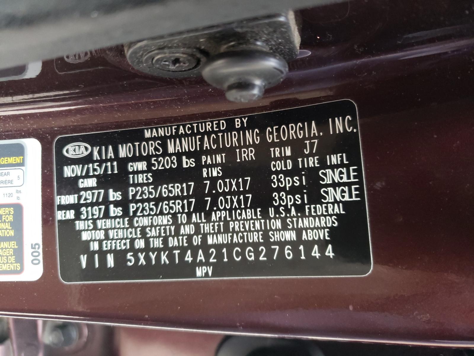 Photo 10 from auction – 2012 KIA SORENTO BA with VIN 5XYKT4A21CG276144