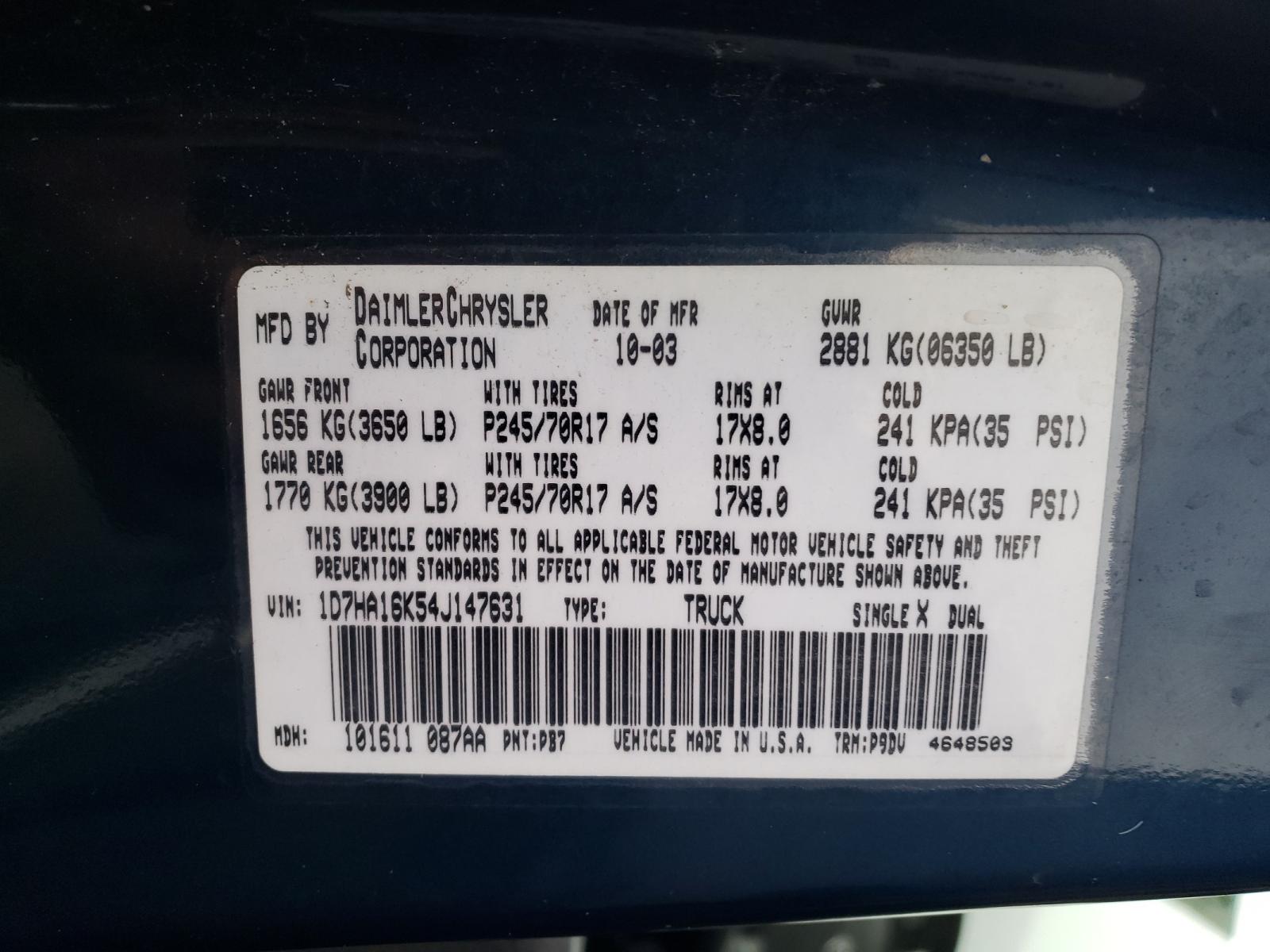 Photo 10 from auction – 2004 DODGE RAM 1500 S with VIN 1D7HA16K54J147631