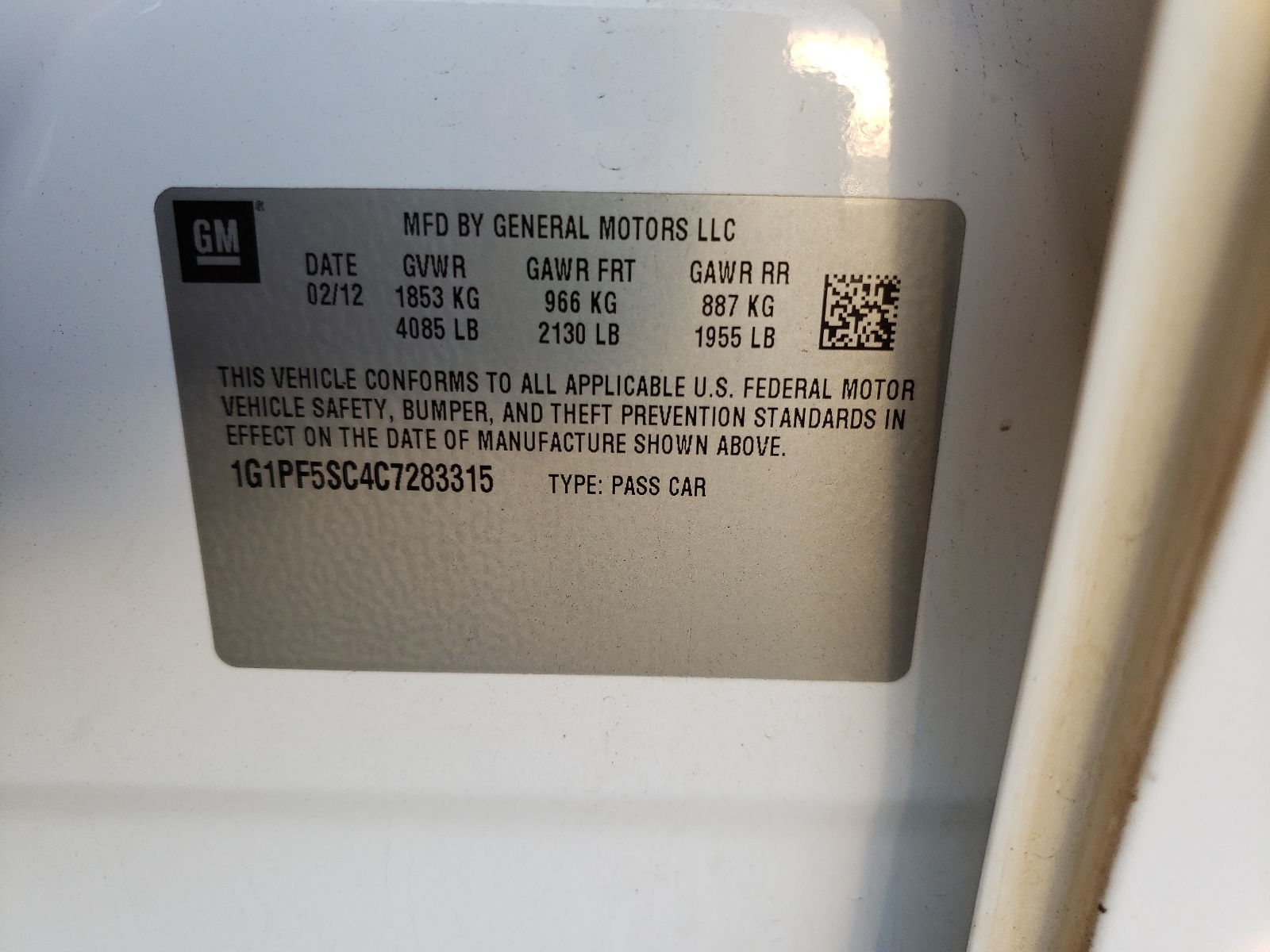 Photo 10 from auction – 2012 CHEVROLET CRUZE LT with VIN 1G1PF5SC4C7283315