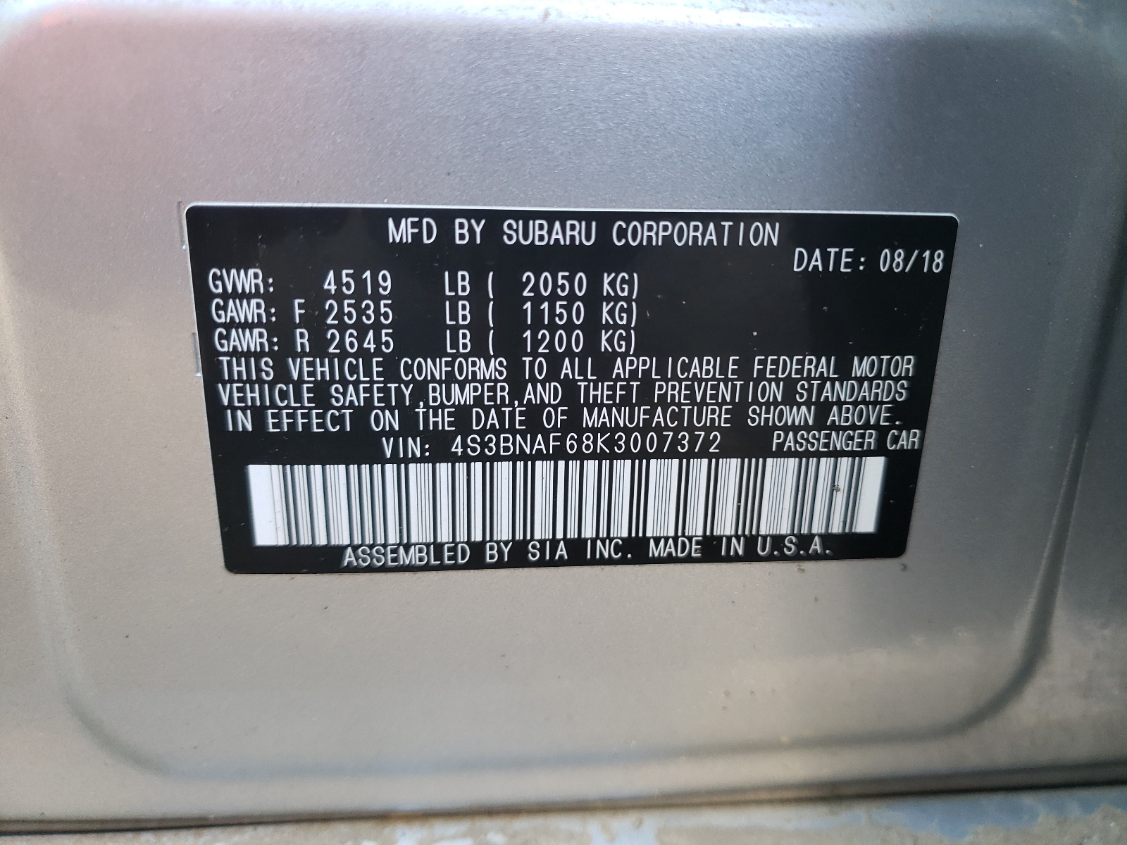 Photo 10 from auction – 2019 SUBARU LEGACY 2.5 with VIN 4S3BNAF68K3007372