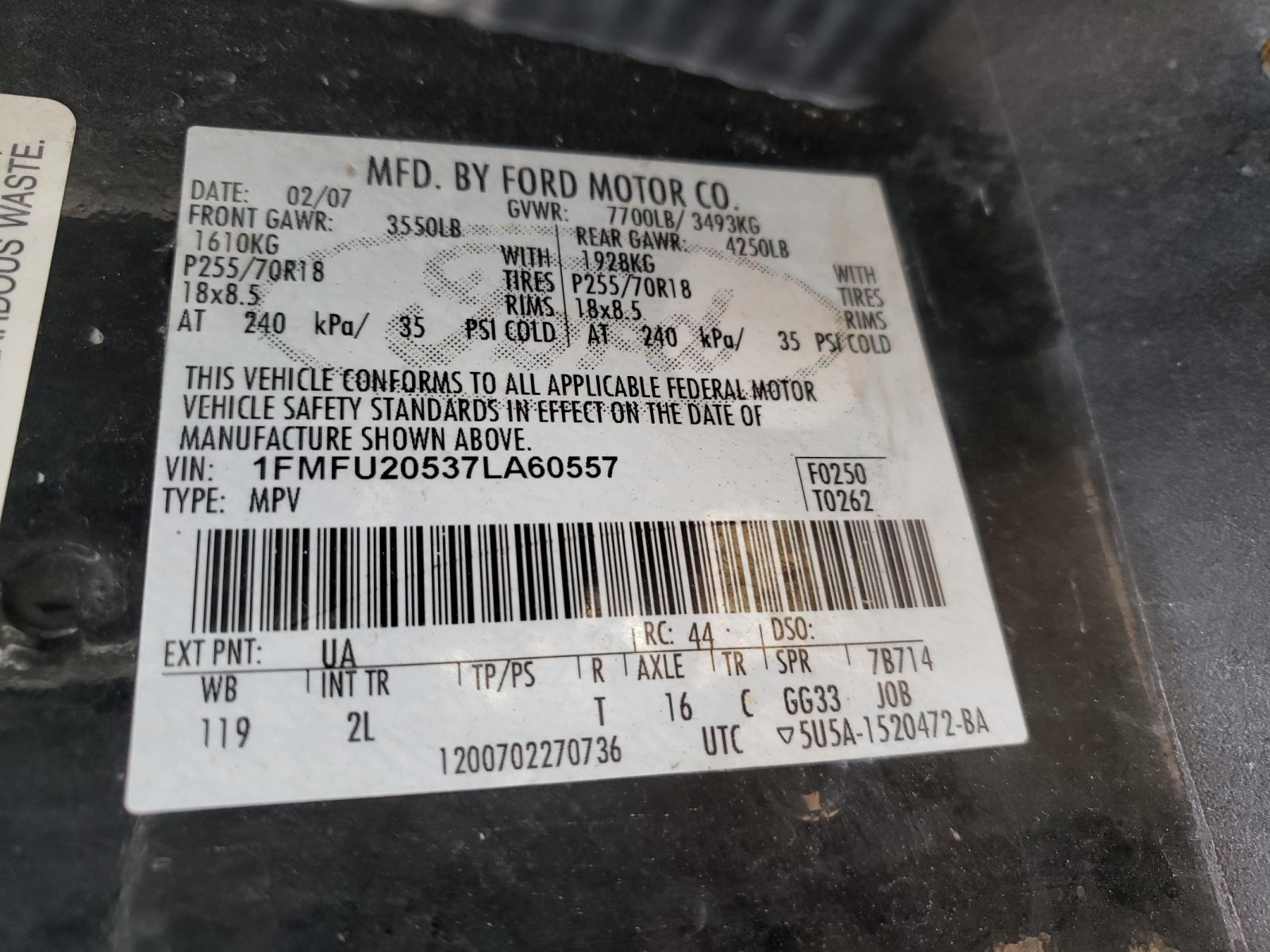 Photo 10 from auction – 2007 FORD EXPEDITION with VIN 1FMFU20537LA60557