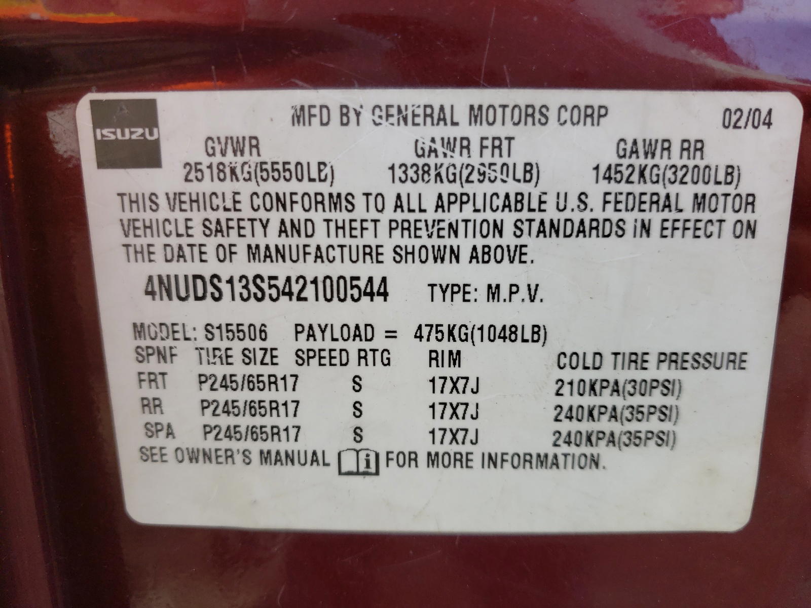 Photo 10 from auction – 2004 ISUZU ASCENDER S with VIN 4NUDS13S542100544