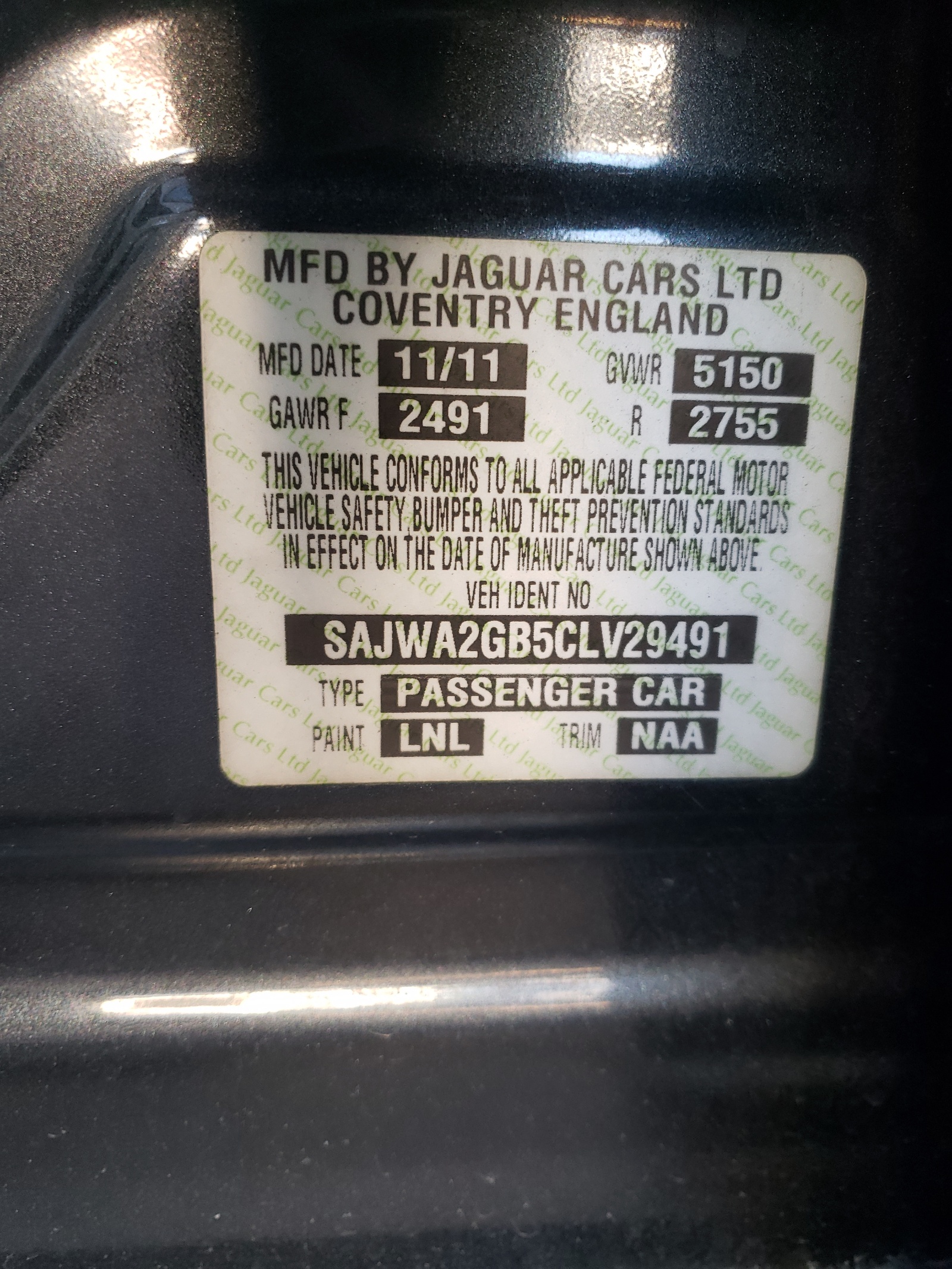 Photo 10 from auction – 2012 JAGUAR XJL with VIN SAJWA2GB5CLV29491