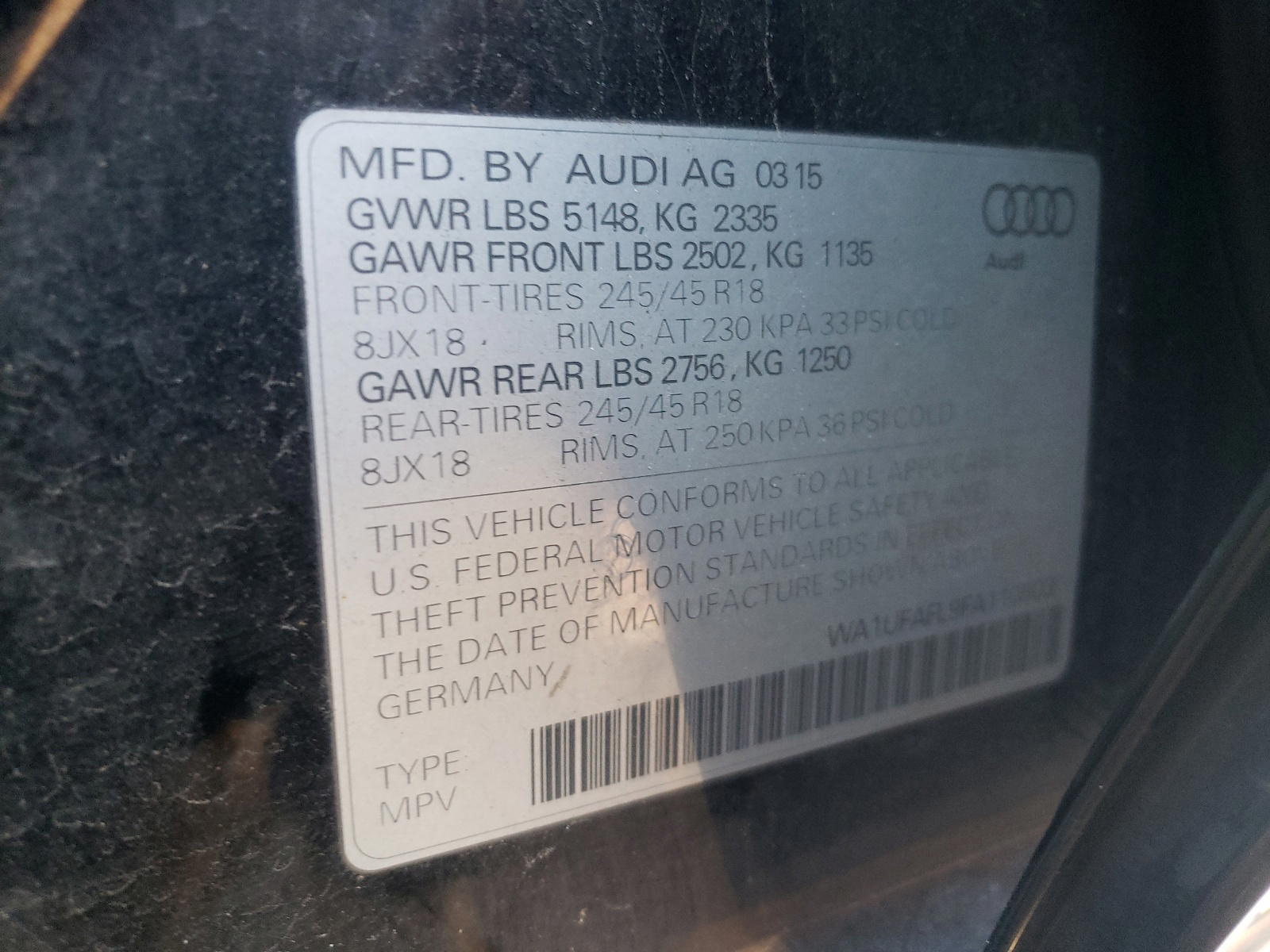 Photo 10 from auction – 2015 AUDI A4 ALLROAD with VIN WA1UFAFL9FA110503
