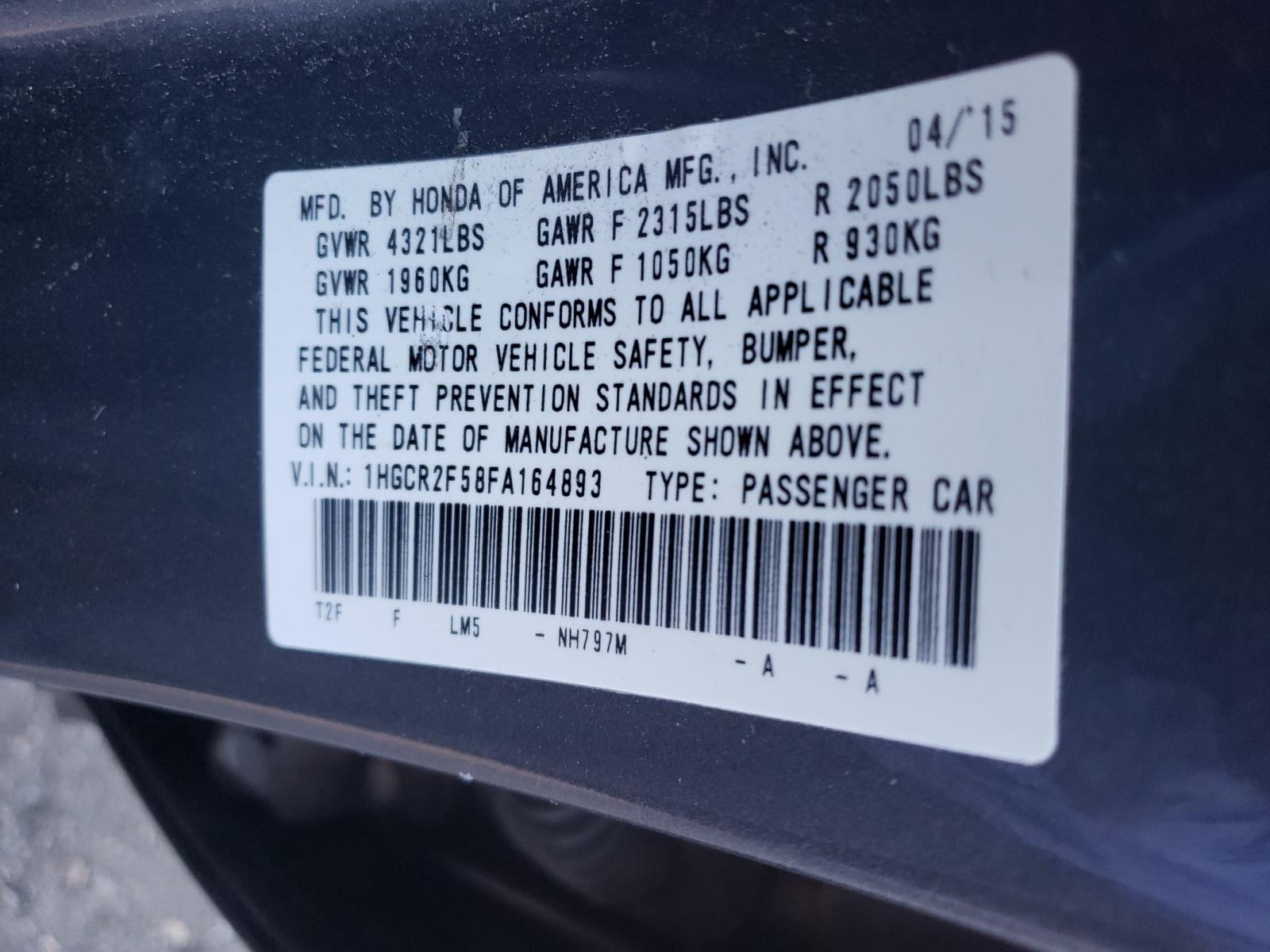 Photo 10 from auction – 2015 HONDA ACCORD SPO with VIN 1HGCR2F58FA164893