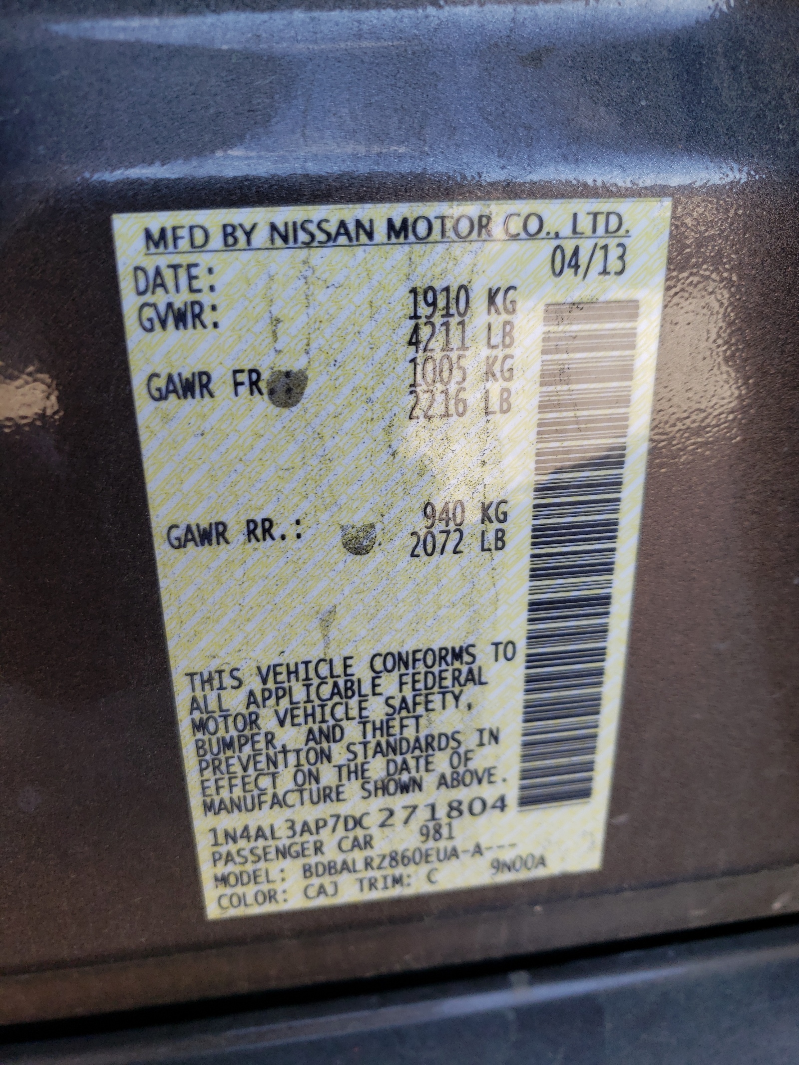 Photo 10 from auction – 2013 NISSAN ALTIMA 2.5 with VIN 1N4AL3AP7DC271804
