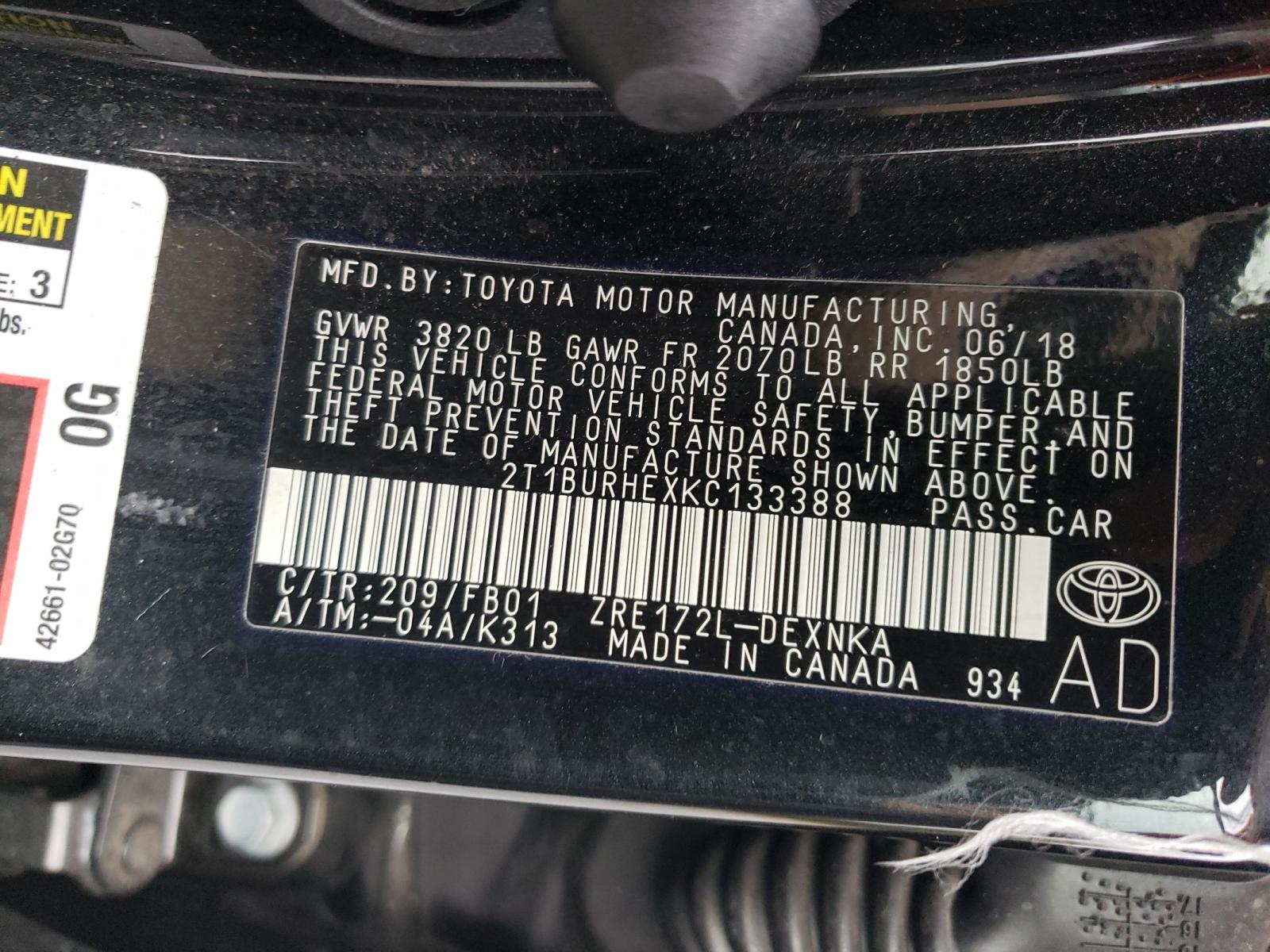 Photo 10 from auction – 2019 TOYOTA COROLLA L with VIN 2T1BURHEXKC133388