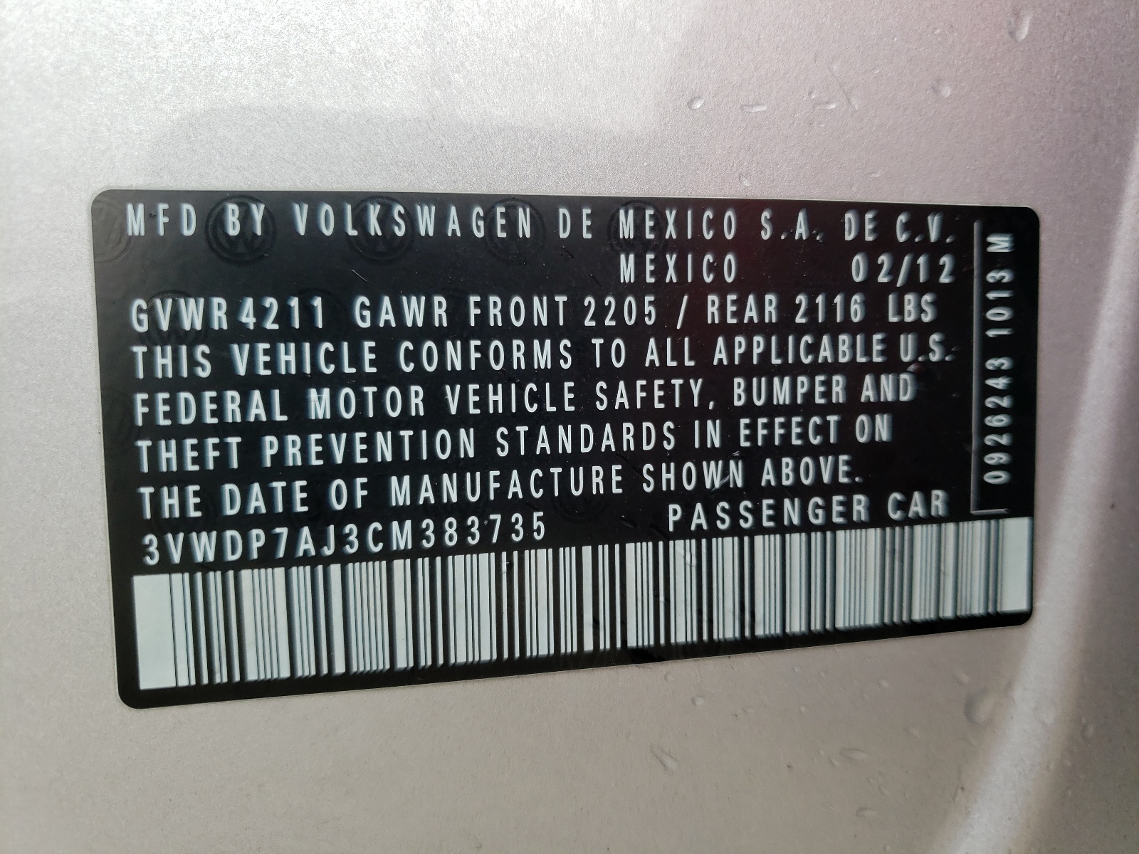 Photo 10 from auction – 2012 VOLKSWAGEN JETTA SE with VIN 3VWDP7AJ3CM383735