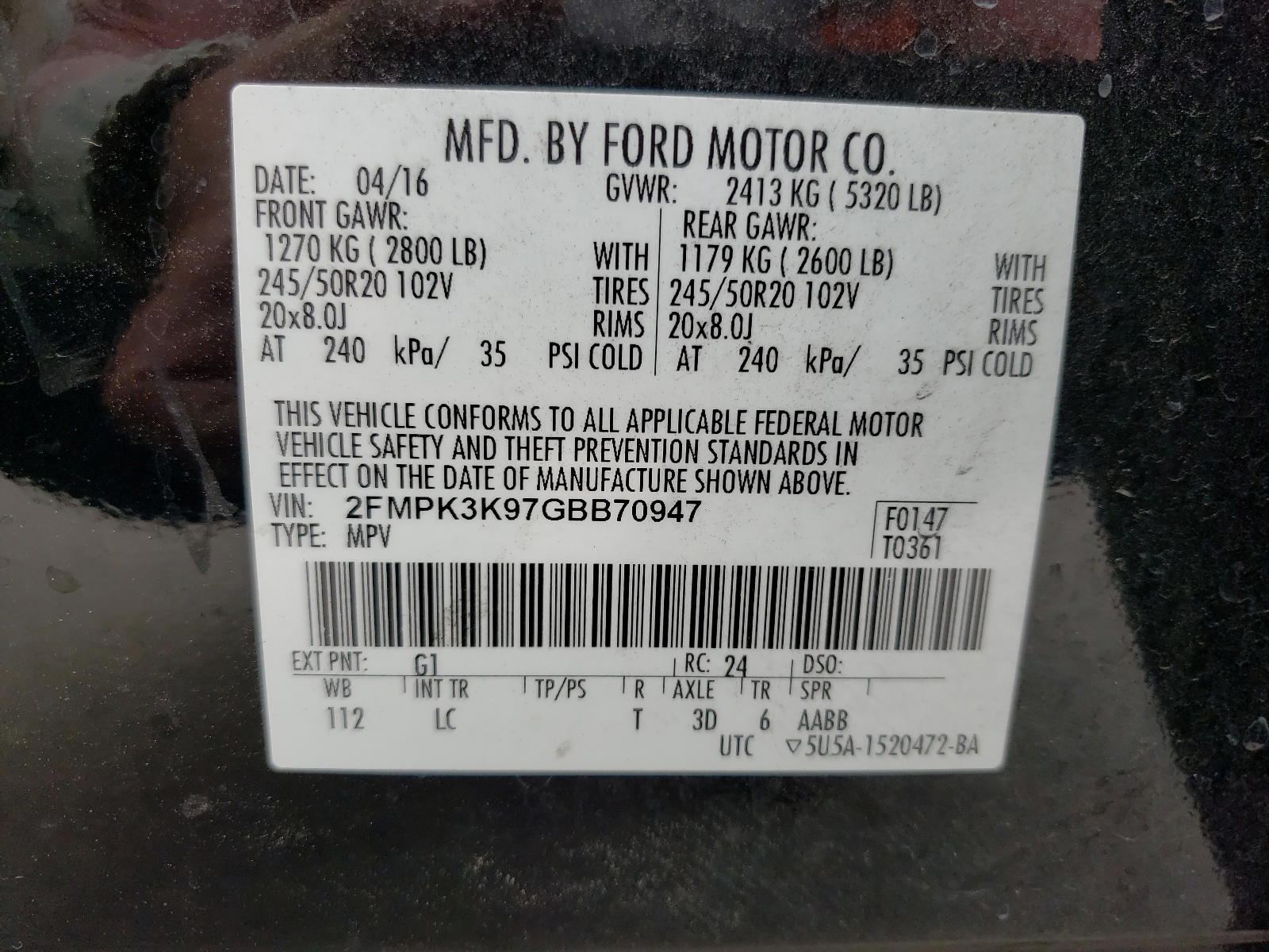 Photo 10 from auction – 2016 FORD EDGE TITAN with VIN 2FMPK3K97GBB70947