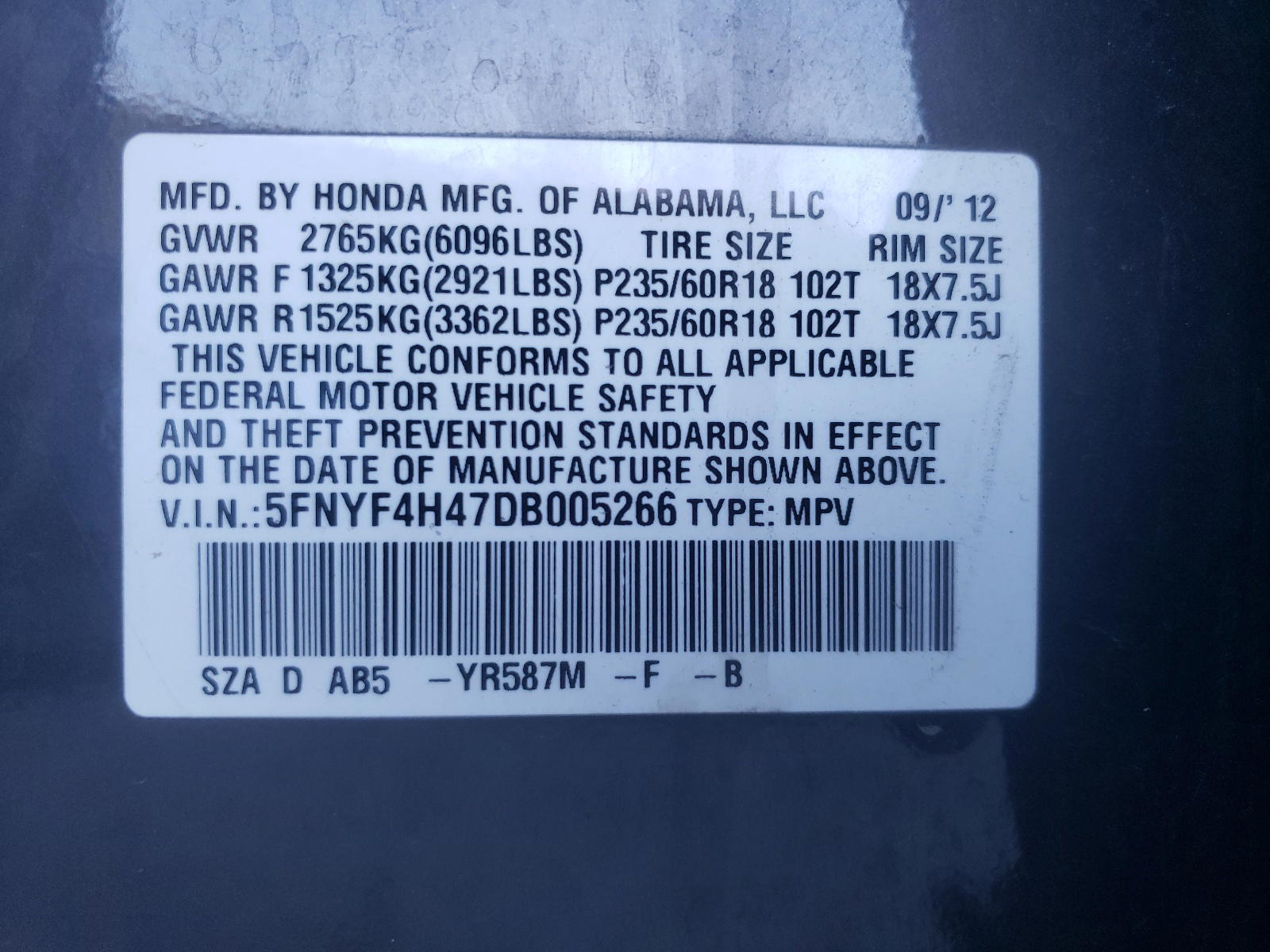 Photo 10 from auction – 2013 HONDA PILOT EX with VIN 5FNYF4H47DB005266