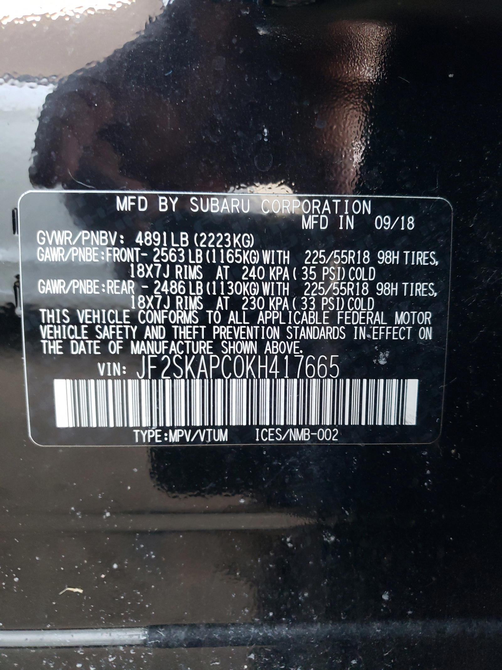 Photo 10 from auction – 2019 SUBARU FORESTER S with VIN JF2SKAPC0KH417665