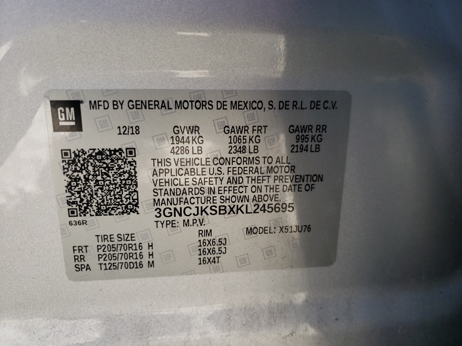 Photo 10 from auction – 2019 CHEVROLET TRAX LS with VIN 3GNCJKSBXKL245695