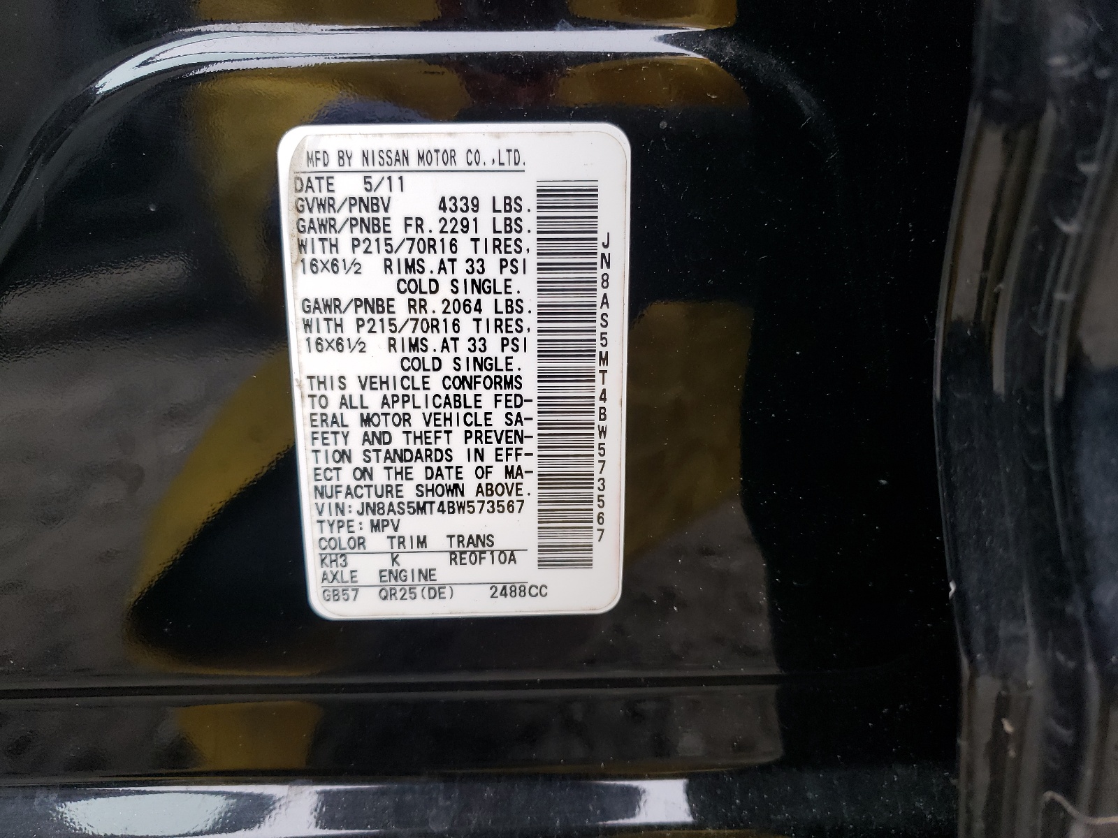 Photo 10 from auction – 2011 NISSAN ROGUE S with VIN JN8AS5MT4BW573567