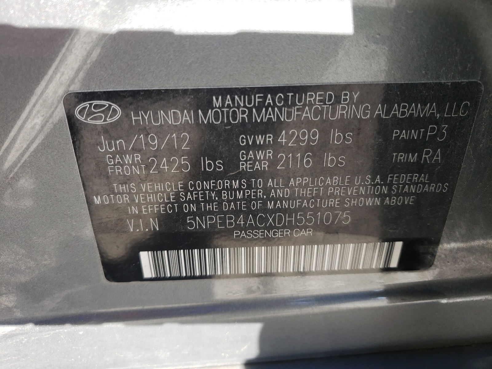 Photo 10 from auction – 2013 HYUNDAI SONATA GLS with VIN 5NPEB4ACXDH551075