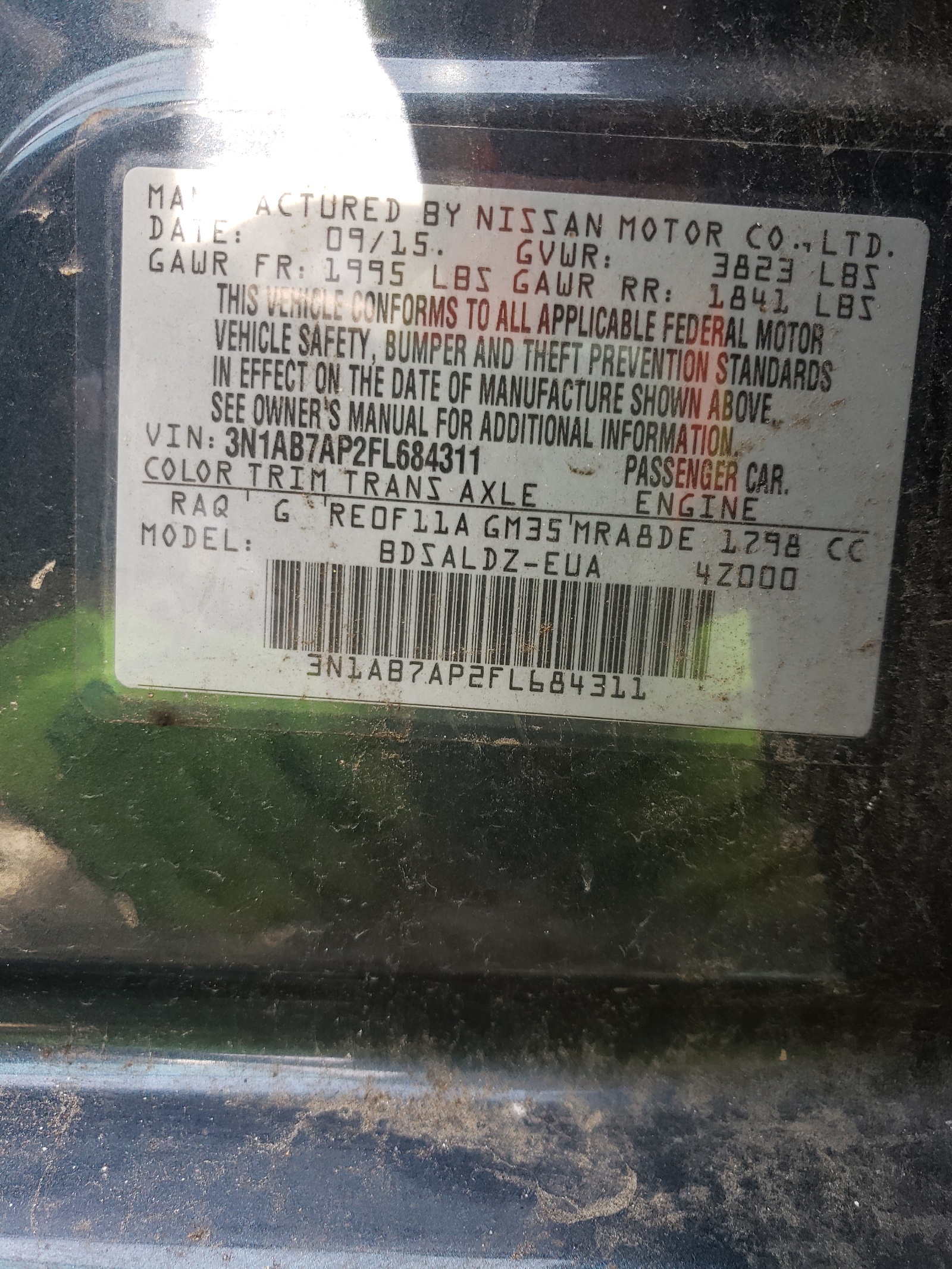 Photo 10 from auction – 2015 NISSAN SENTRA S with VIN 3N1AB7AP2FL684311