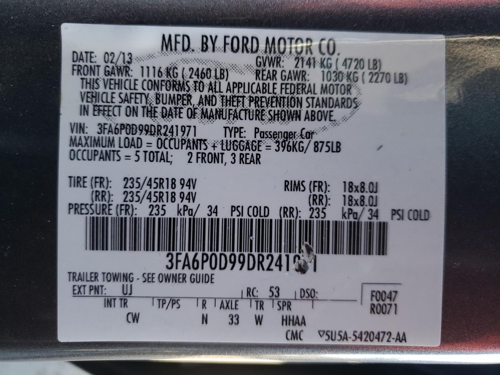 Photo 10 from auction – 2013 FORD FUSION TIT with VIN 3FA6P0D99DR241971