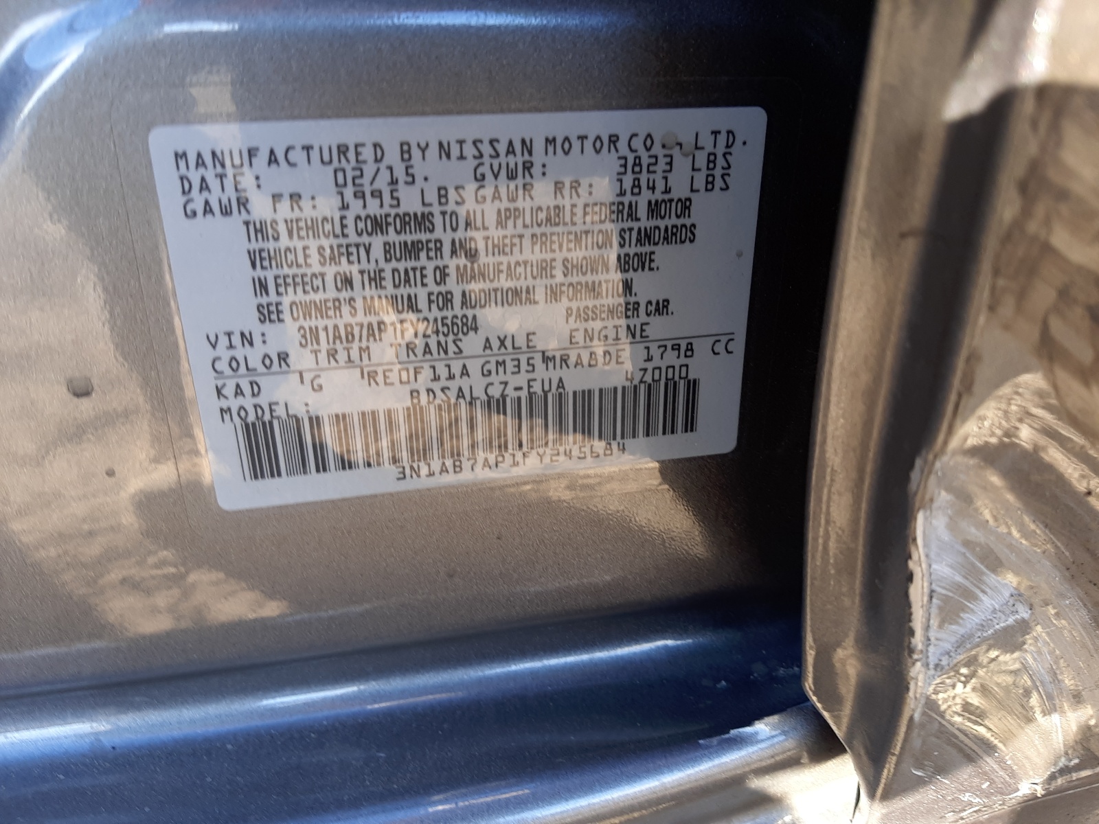 Photo 10 from auction – 2015 NISSAN SENTRA S with VIN 3N1AB7AP1FY245684