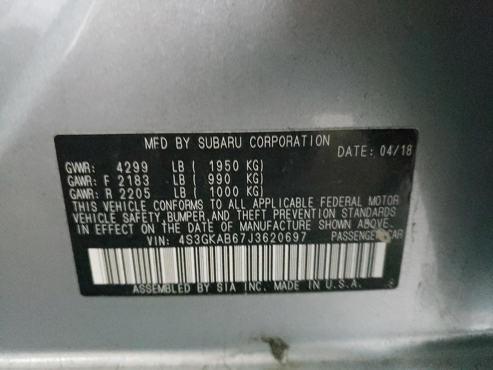 Photo 10 from auction – 2018 SUBARU IMPREZA PR with VIN 4S3GKAB67J3620697