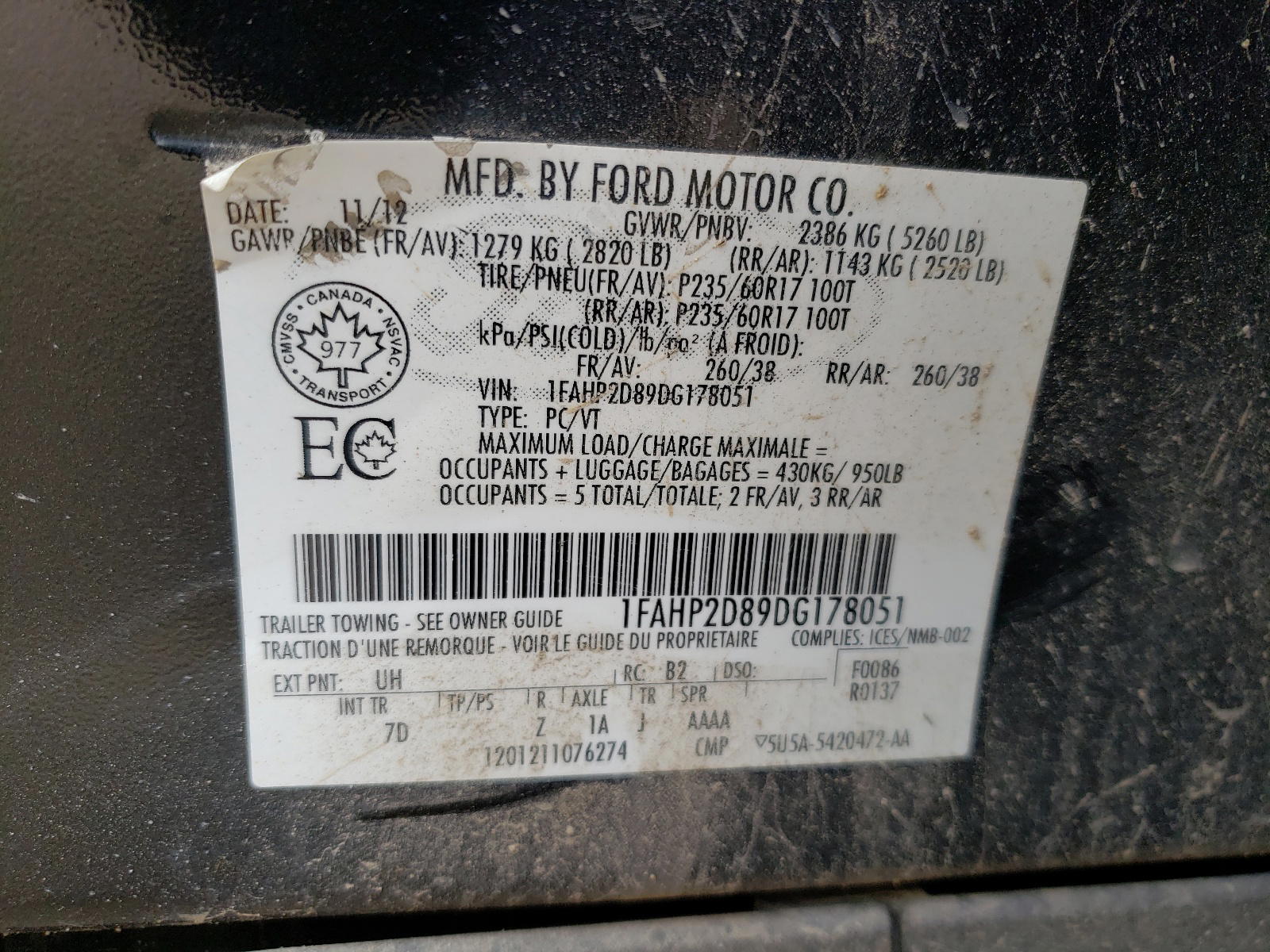 Photo 10 from auction – 2013 FORD TAURUS SE with VIN 1FAHP2D89DG178051