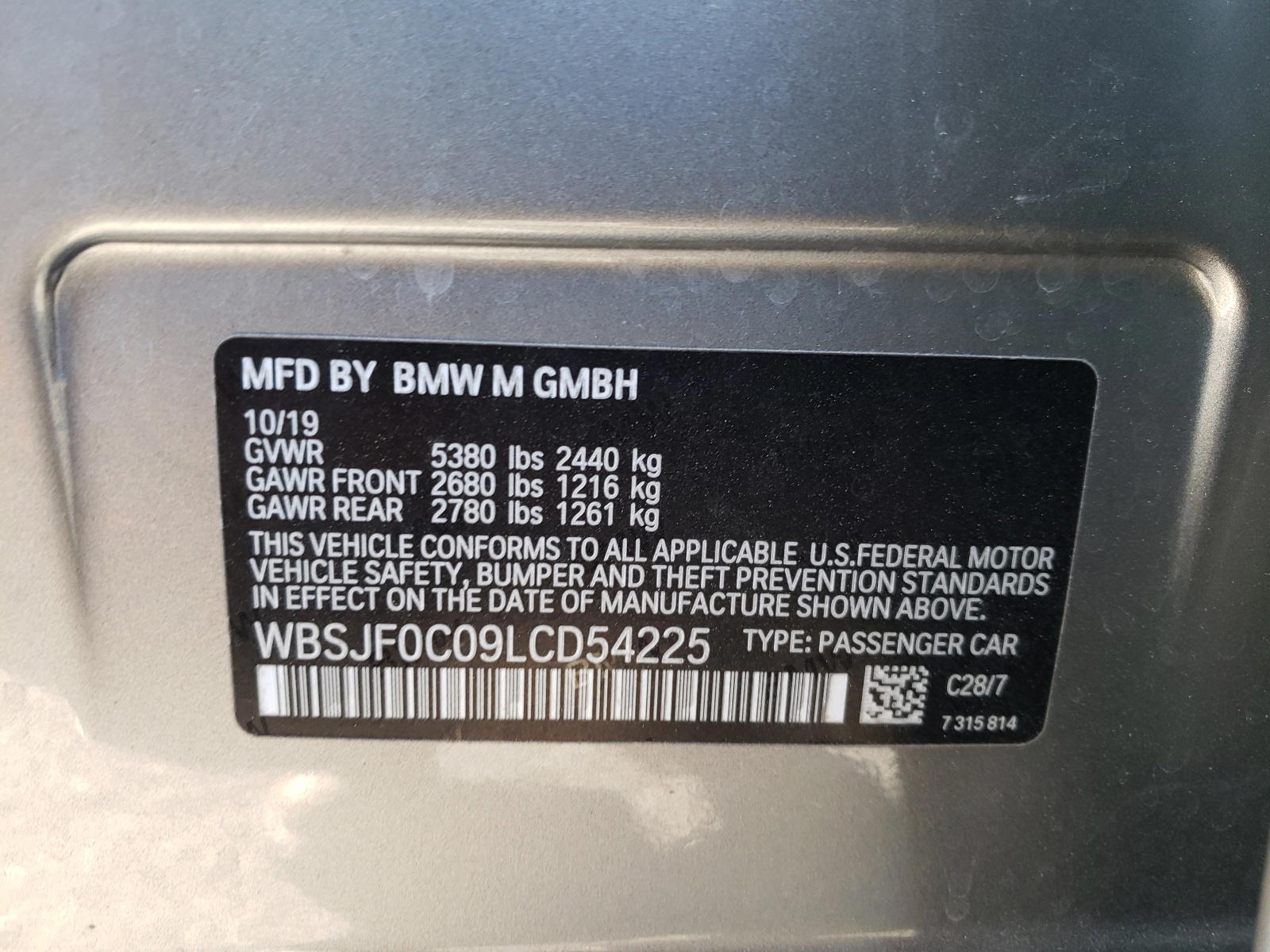 Photo 10 from auction – 2020 BMW M5 BASE with VIN WBSJF0C09LCD54225