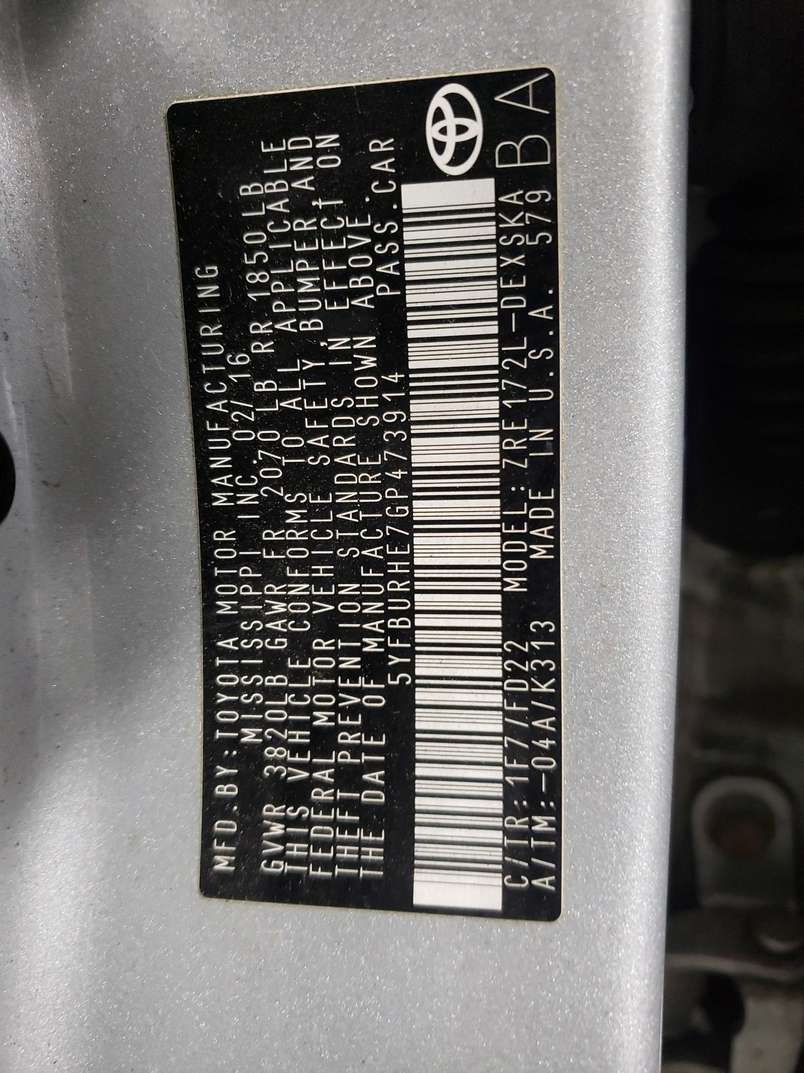 Photo 10 from auction – 2016 TOYOTA COROLLA L with VIN 5YFBURHE7GP473914