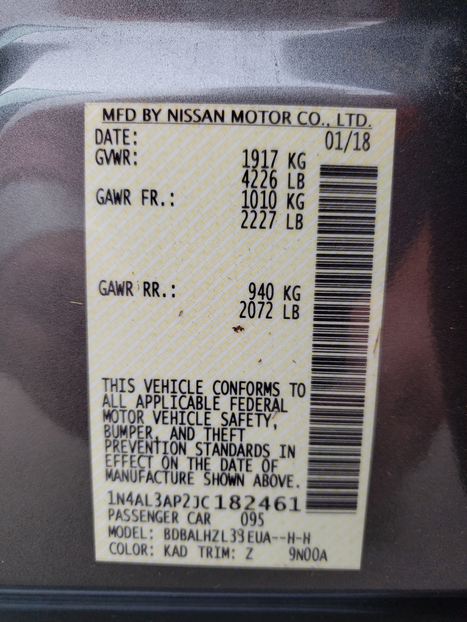 Photo 10 from auction – 2018 NISSAN ALTIMA 2.5 with VIN 1N4AL3AP2JC182461