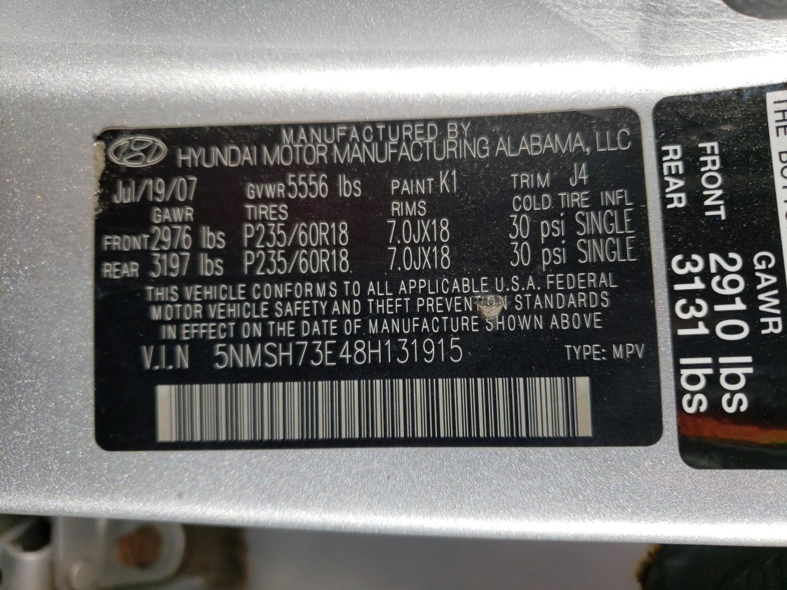 Photo 10 from auction – 2008 HYUNDAI SANTA FE with VIN 5NMSH73E48H131915