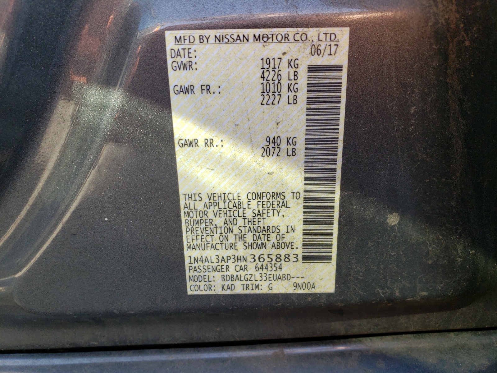 Photo 10 from auction – 2017 NISSAN ALTIMA 2.5 with VIN 1N4AL3AP3HN365883