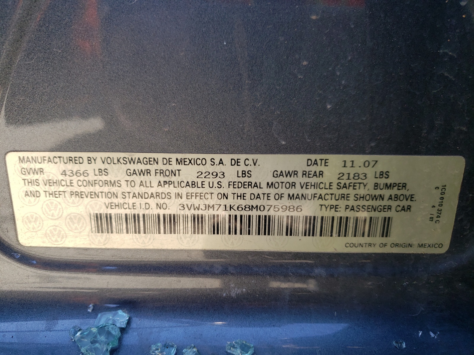 Photo 10 from auction – 2008 VOLKSWAGEN JETTA S with VIN 3VWJM71K68M075986