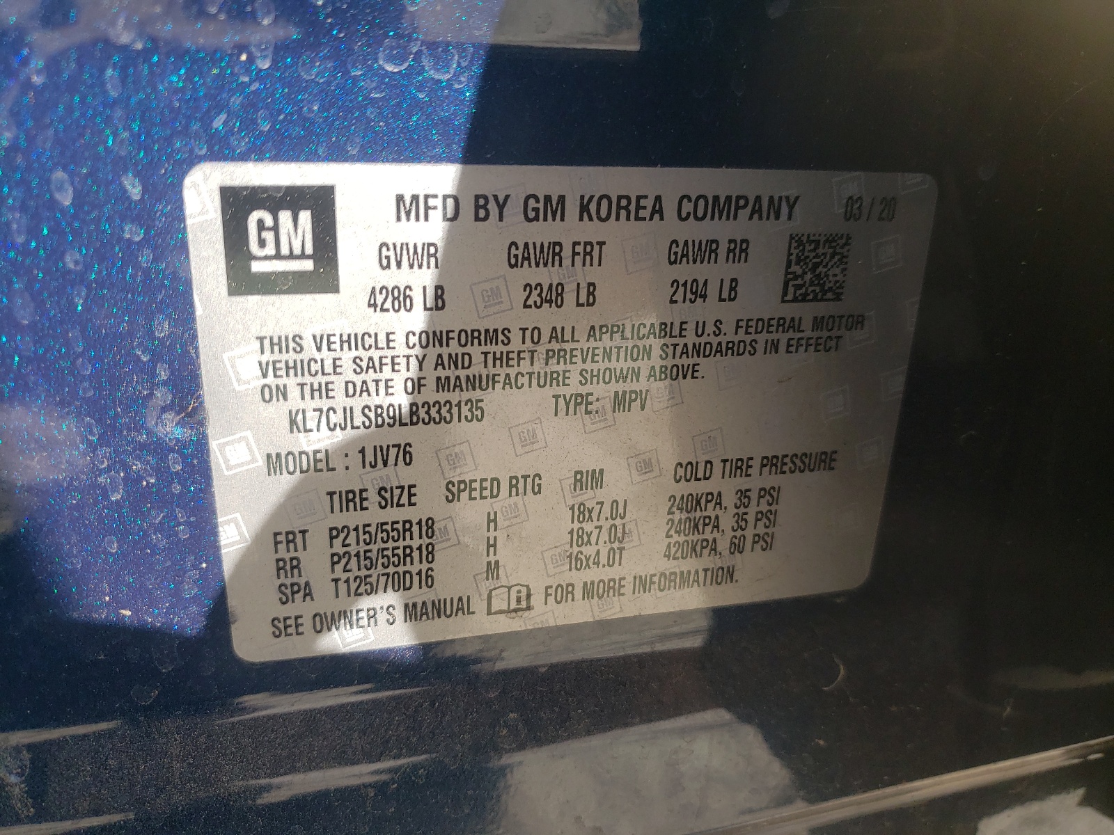 Photo 10 from auction – 2020 CHEVROLET TRAX 1LT with VIN KL7CJLSB9LB333135