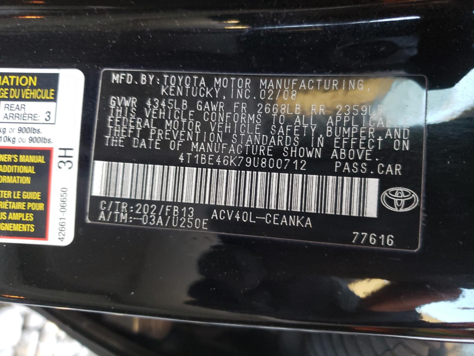 Photo 10 from auction – 2009 TOYOTA CAMRY BASE with VIN 4T1BE46K79U800712