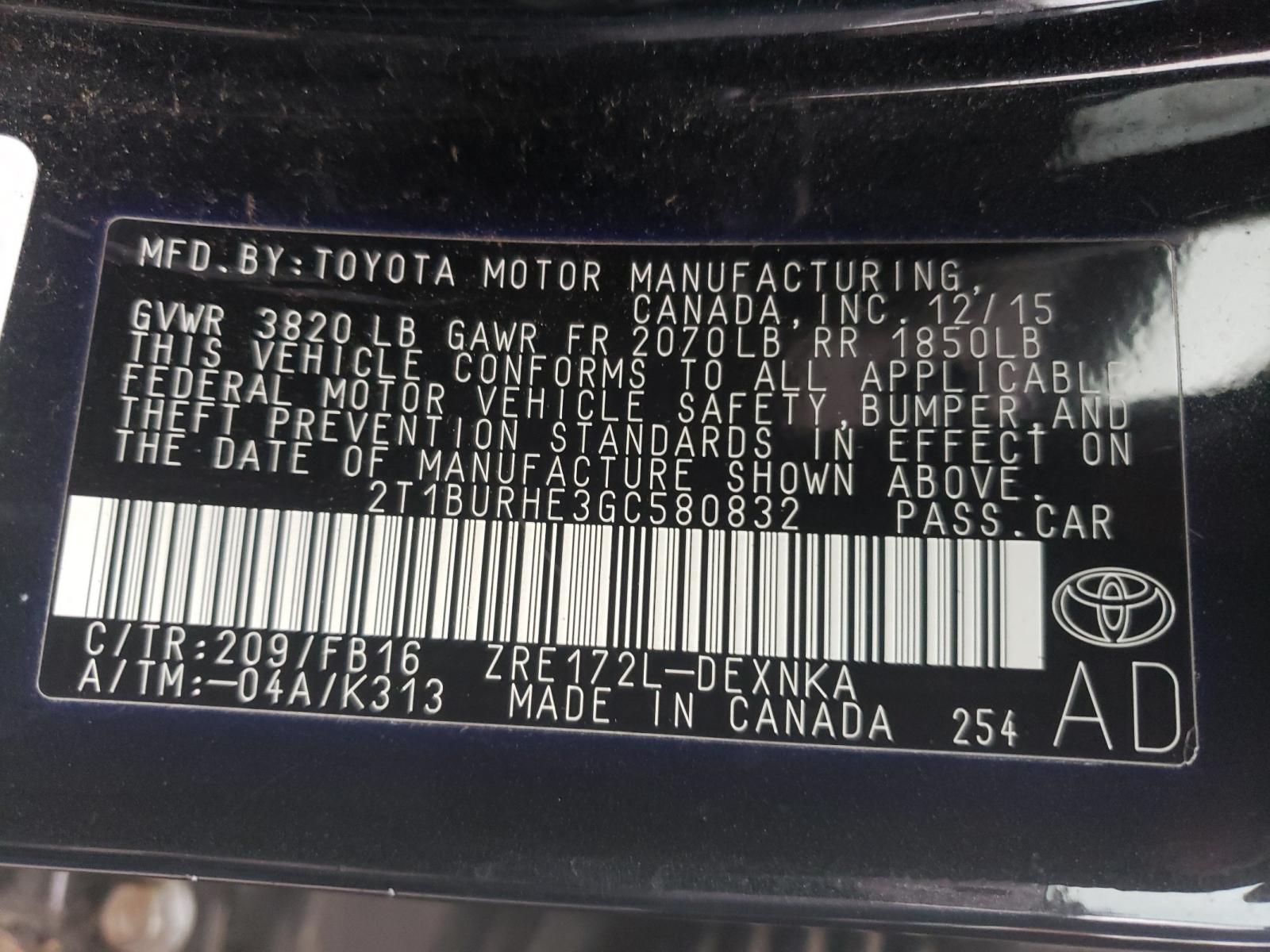 Photo 10 from auction – 2016 TOYOTA COROLLA L with VIN 2T1BURHE3GC580832