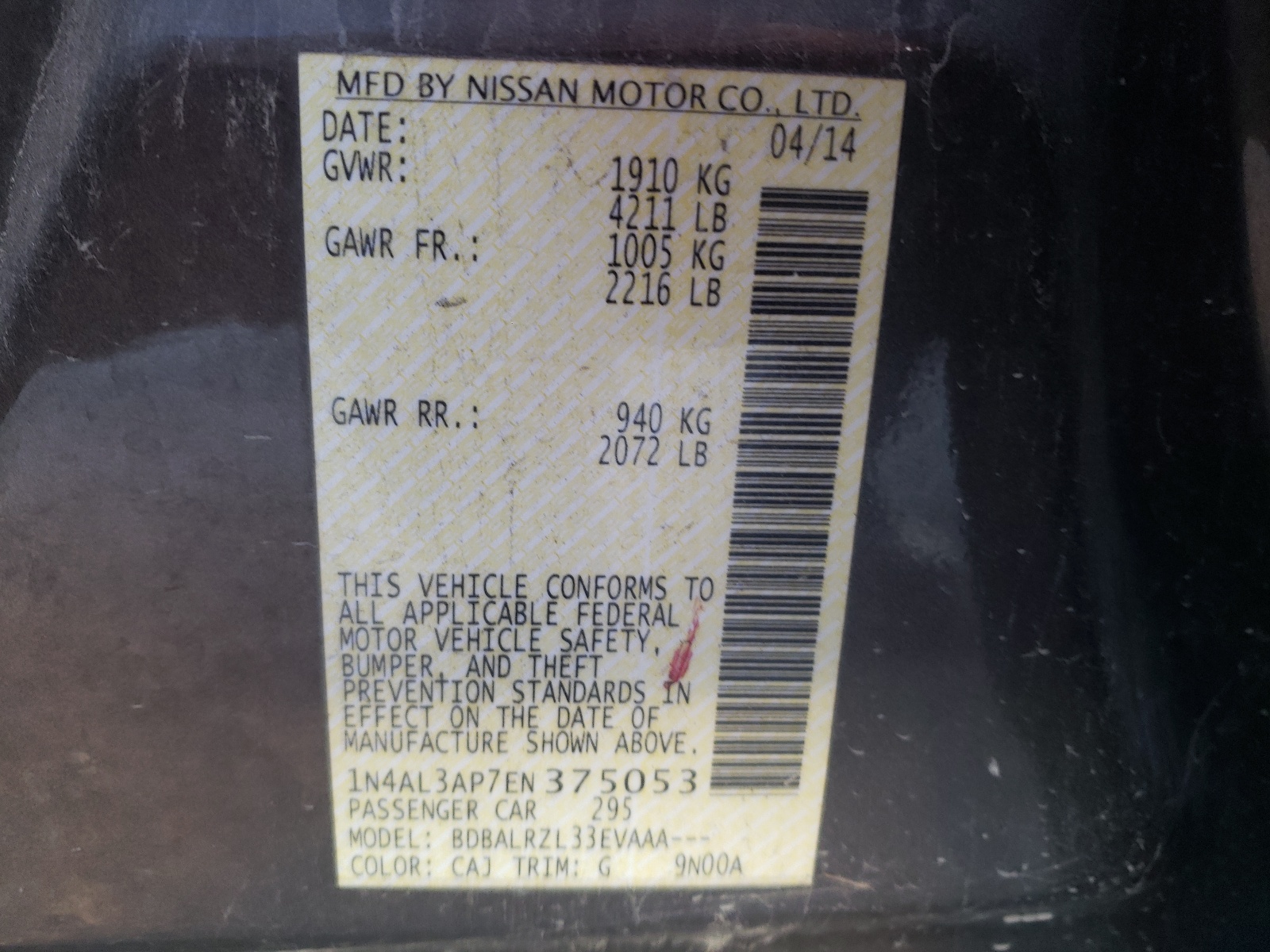 Photo 10 from auction – 2014 NISSAN ALTIMA 2.5 with VIN 1N4AL3AP7EN375053