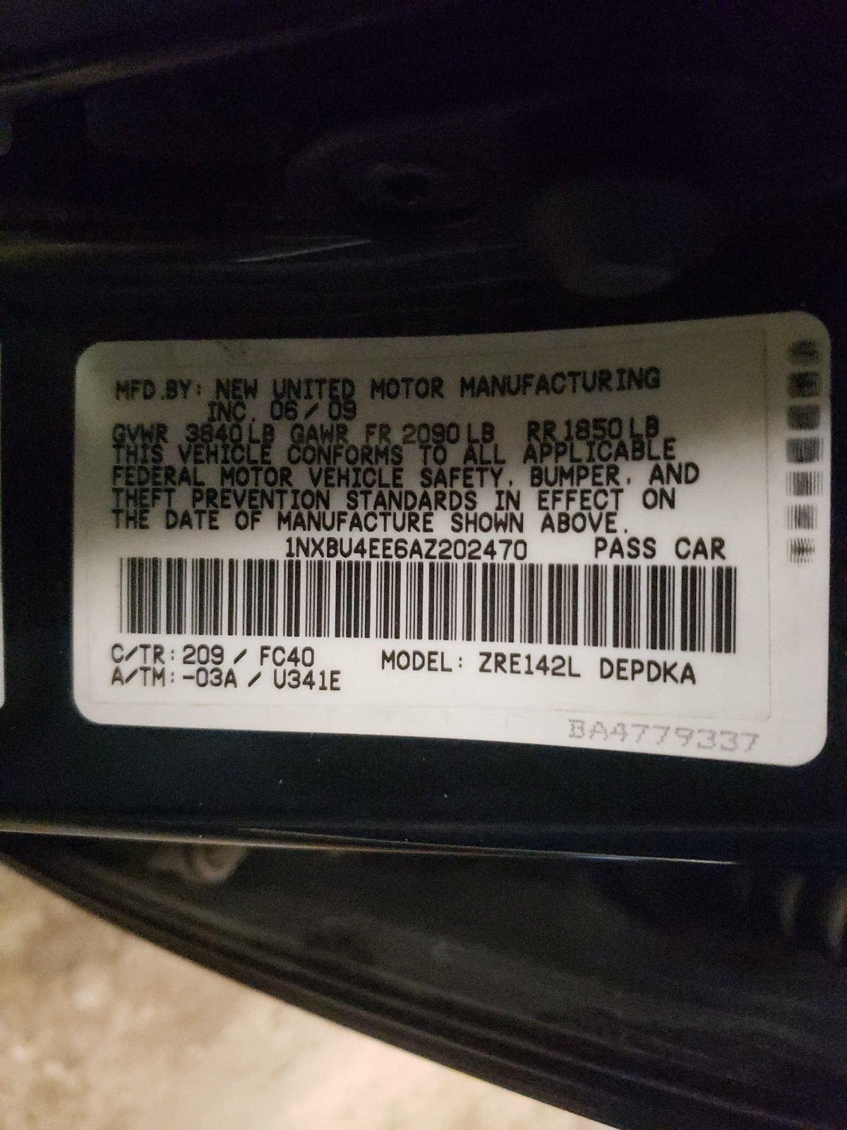 Photo 10 from auction – 2010 TOYOTA COROLLA BA with VIN 1NXBU4EE6AZ202470