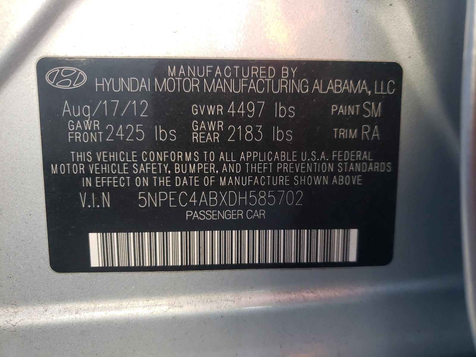Photo 10 from auction – 2013 HYUNDAI SONATA SE with VIN 5NPEC4ABXDH585702