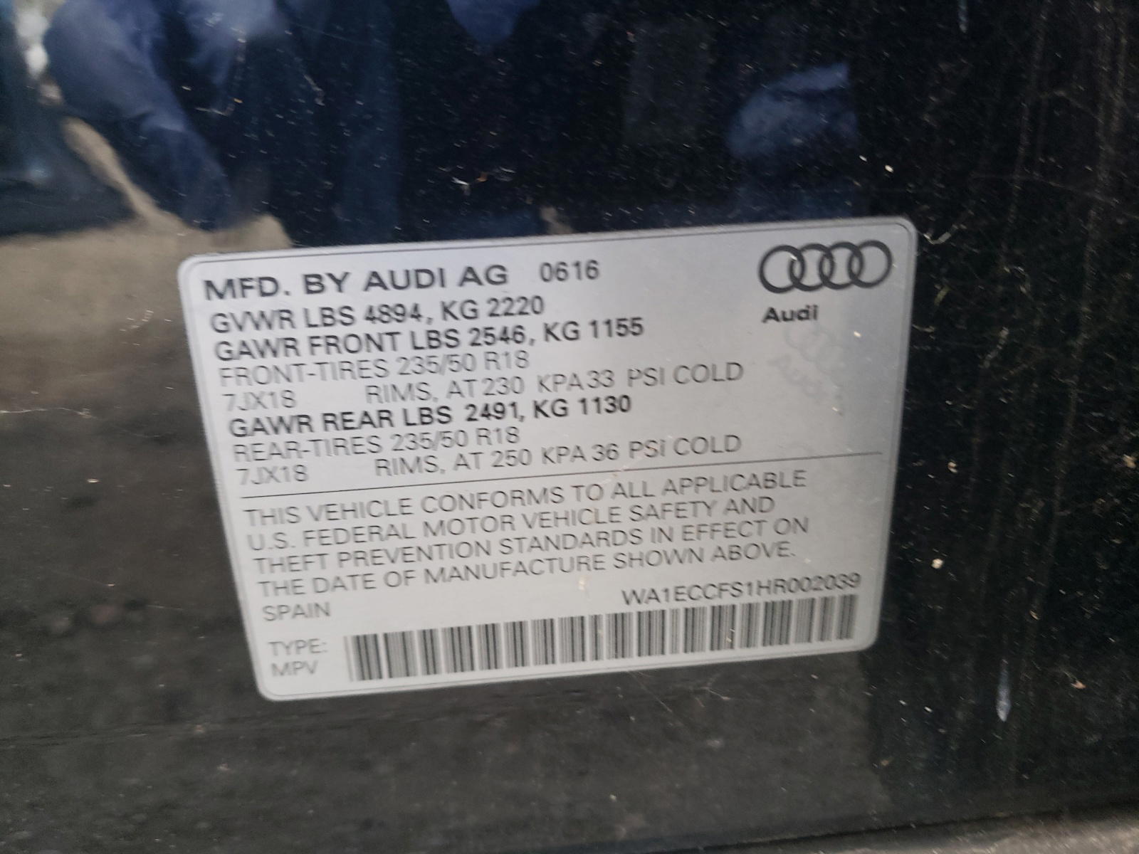 Photo 10 from auction – 2017 AUDI Q3 PREMIUM with VIN WA1ECCFS1HR002039