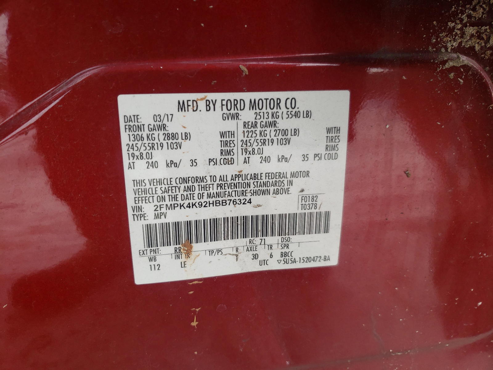 Photo 10 from auction – 2017 FORD EDGE TITAN with VIN 2FMPK4K92HBB76324