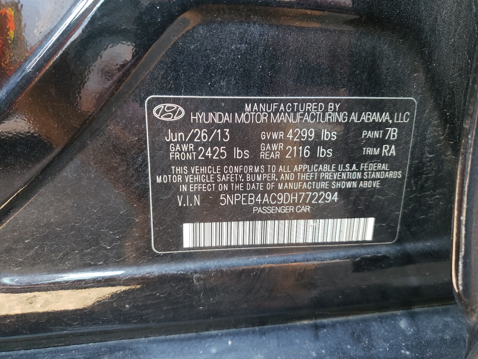 Photo 10 from auction – 2013 HYUNDAI SONATA with VIN 5NPEB4AC9DH772294