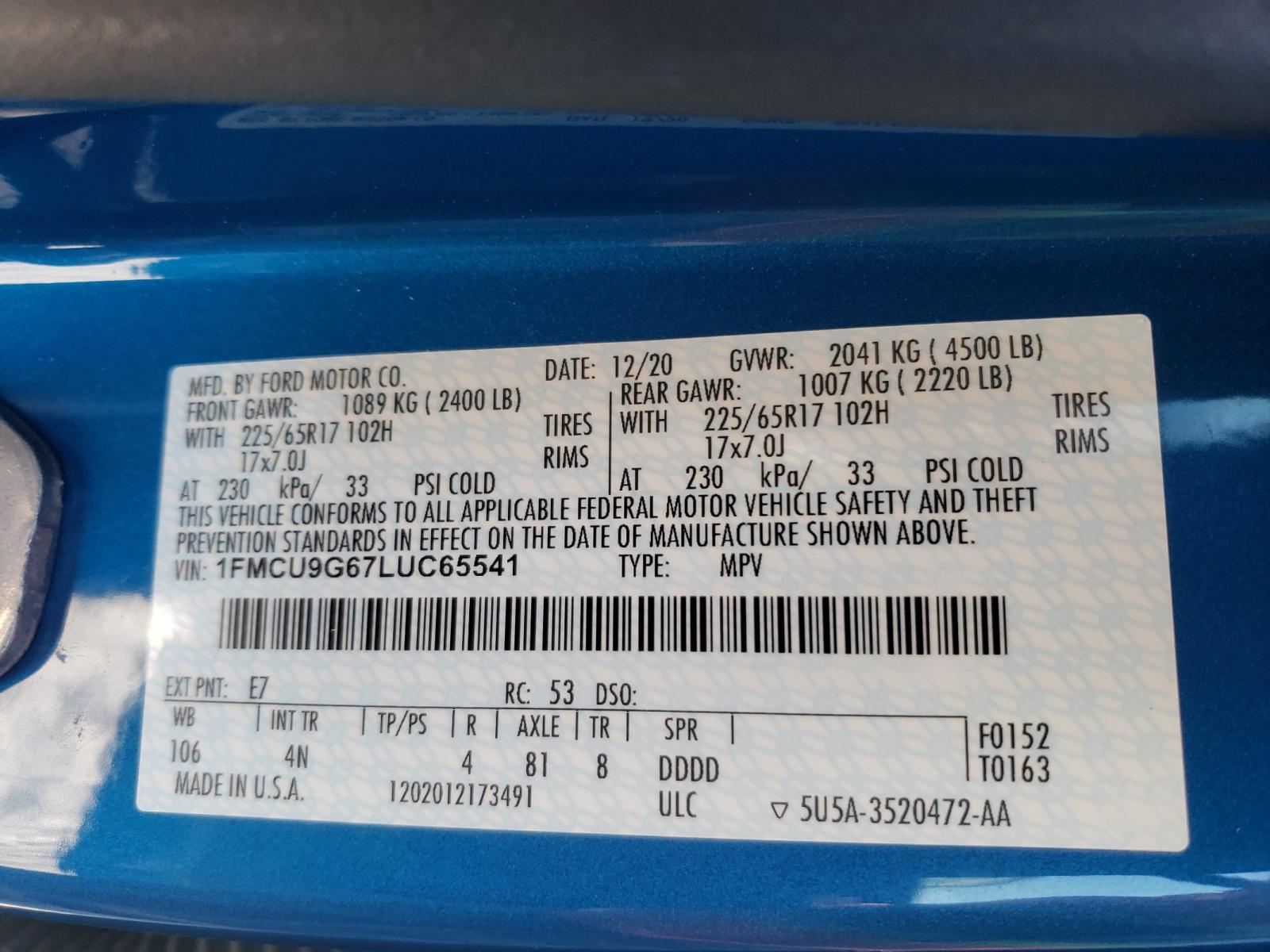 Photo 10 from auction – 2020 FORD ESCAPE SE with VIN 1FMCU9G67LUC65541