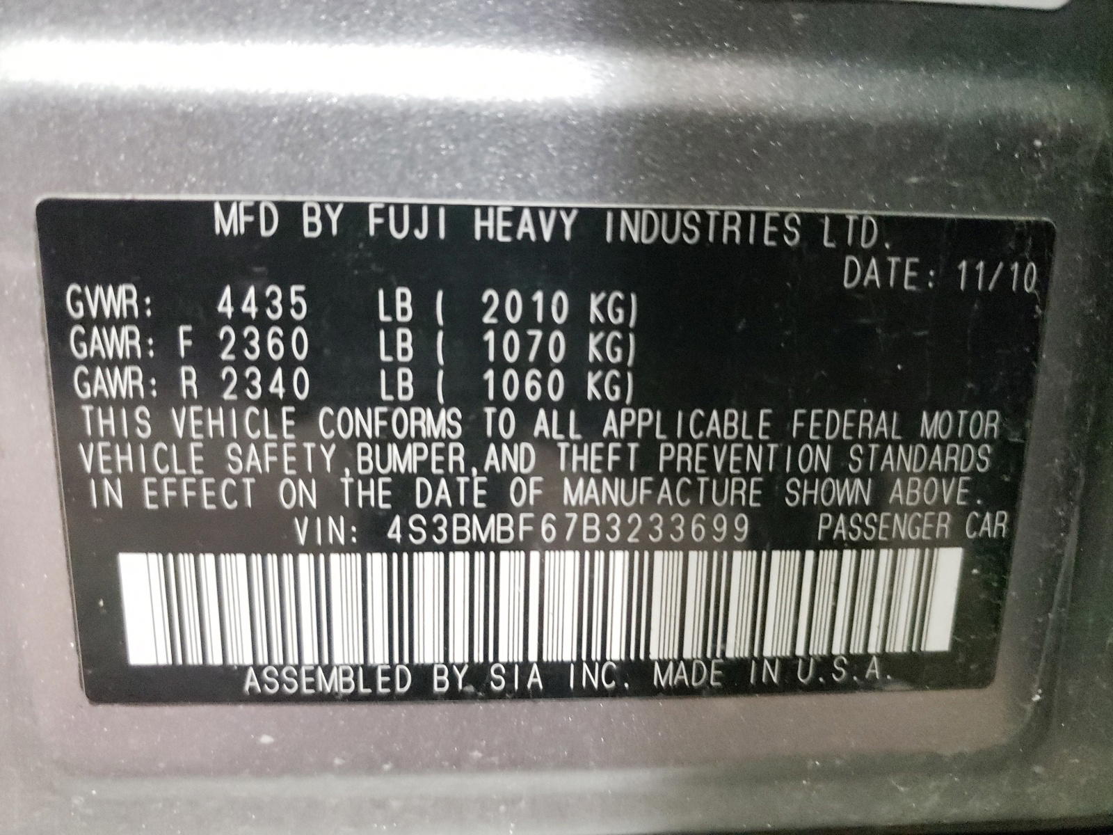 Photo 10 from auction – 2011 SUBARU LEGACY 2.5 with VIN 4S3BMBF67B3233699