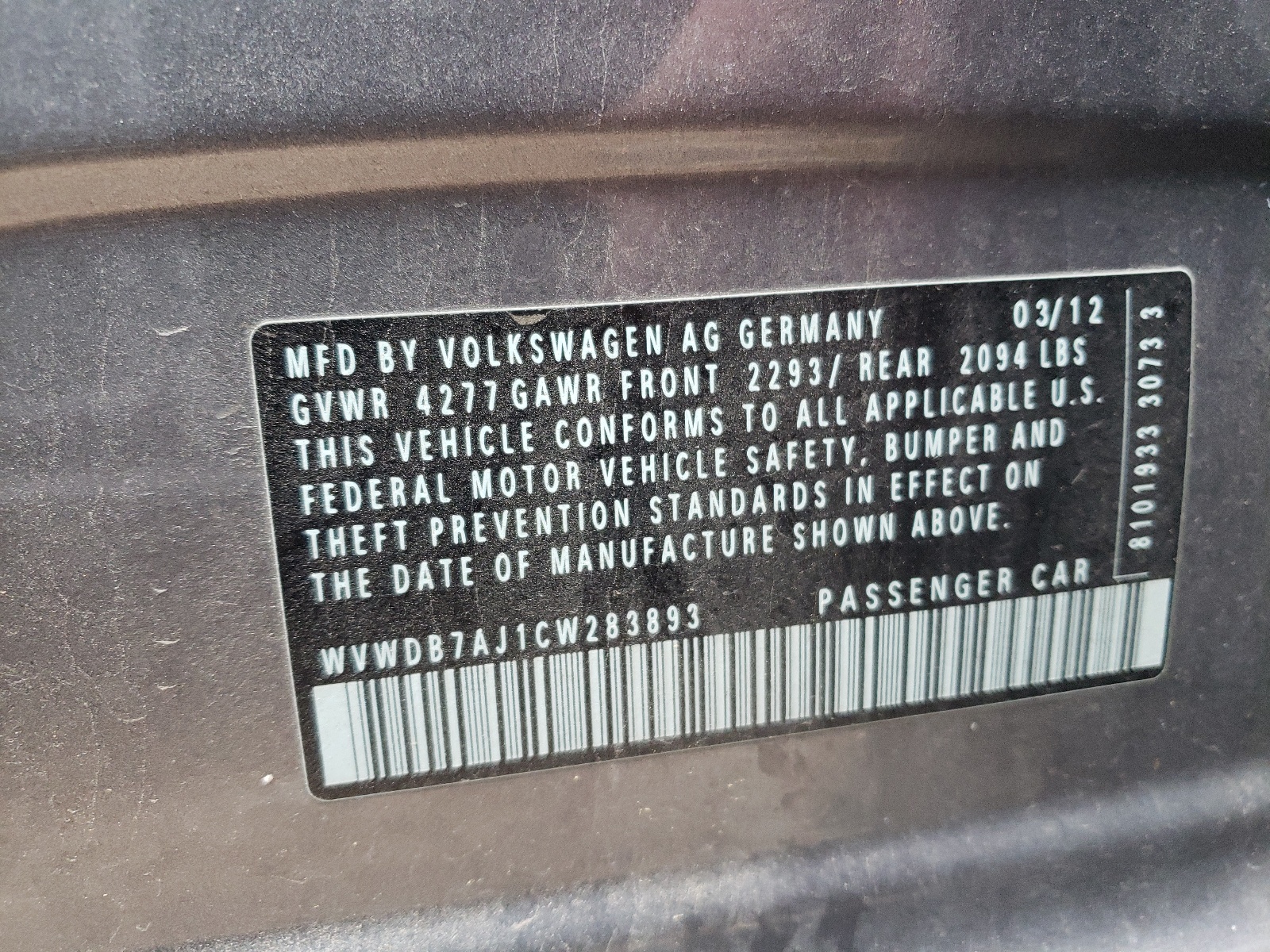 Photo 10 from auction – 2012 VOLKSWAGEN GOLF with VIN WVWDB7AJ1CW283893