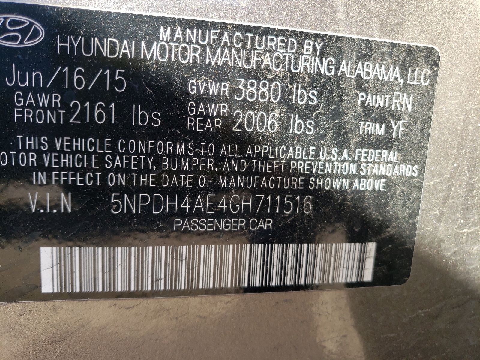 Photo 10 from auction – 2016 HYUNDAI ELANTRA SE with VIN 5NPDH4AE4GH711516