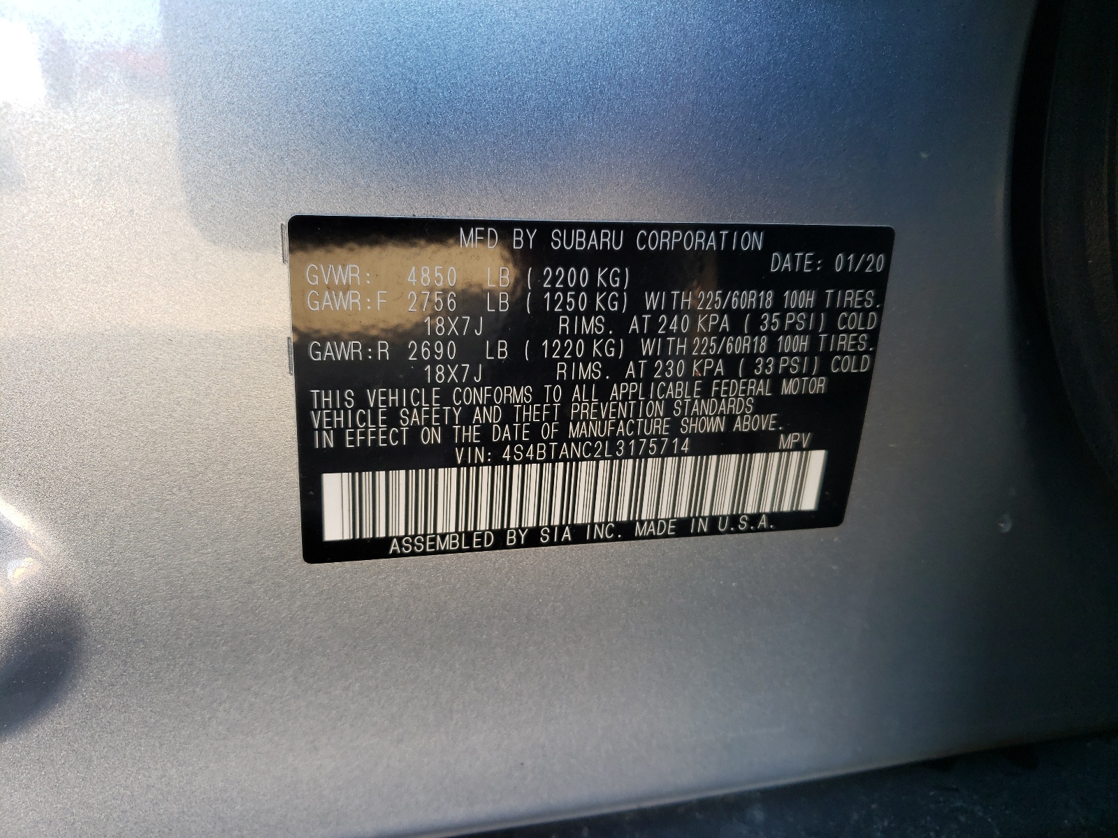 Photo 10 from auction – 2020 SUBARU OUTBACK LI with VIN 4S4BTANC2L3175714